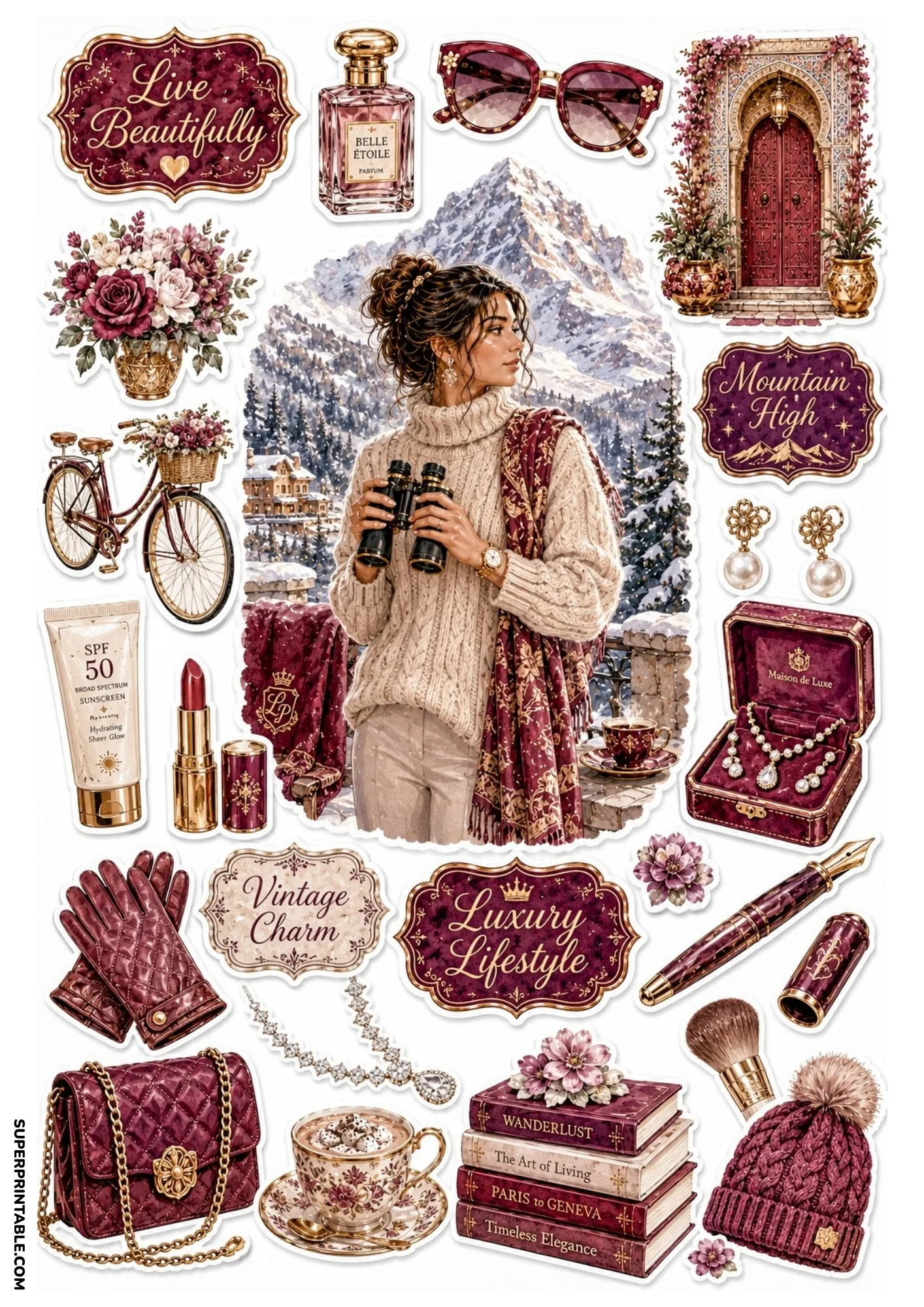 Deep burgundy sticker sheet featuring a winter mountain landscape, floral bicycle, burgundy Moroccan door, and cozy winter accessories.