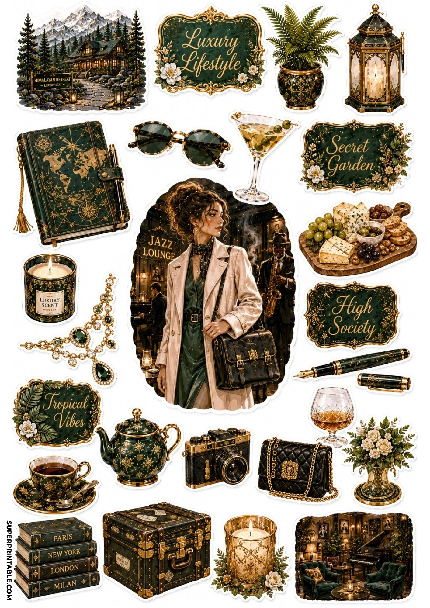 Sticker sheet with deep emerald green illustrations of a woman in a jazz lounge, map journal, cheese board, fountain pen, and vintage trunk.