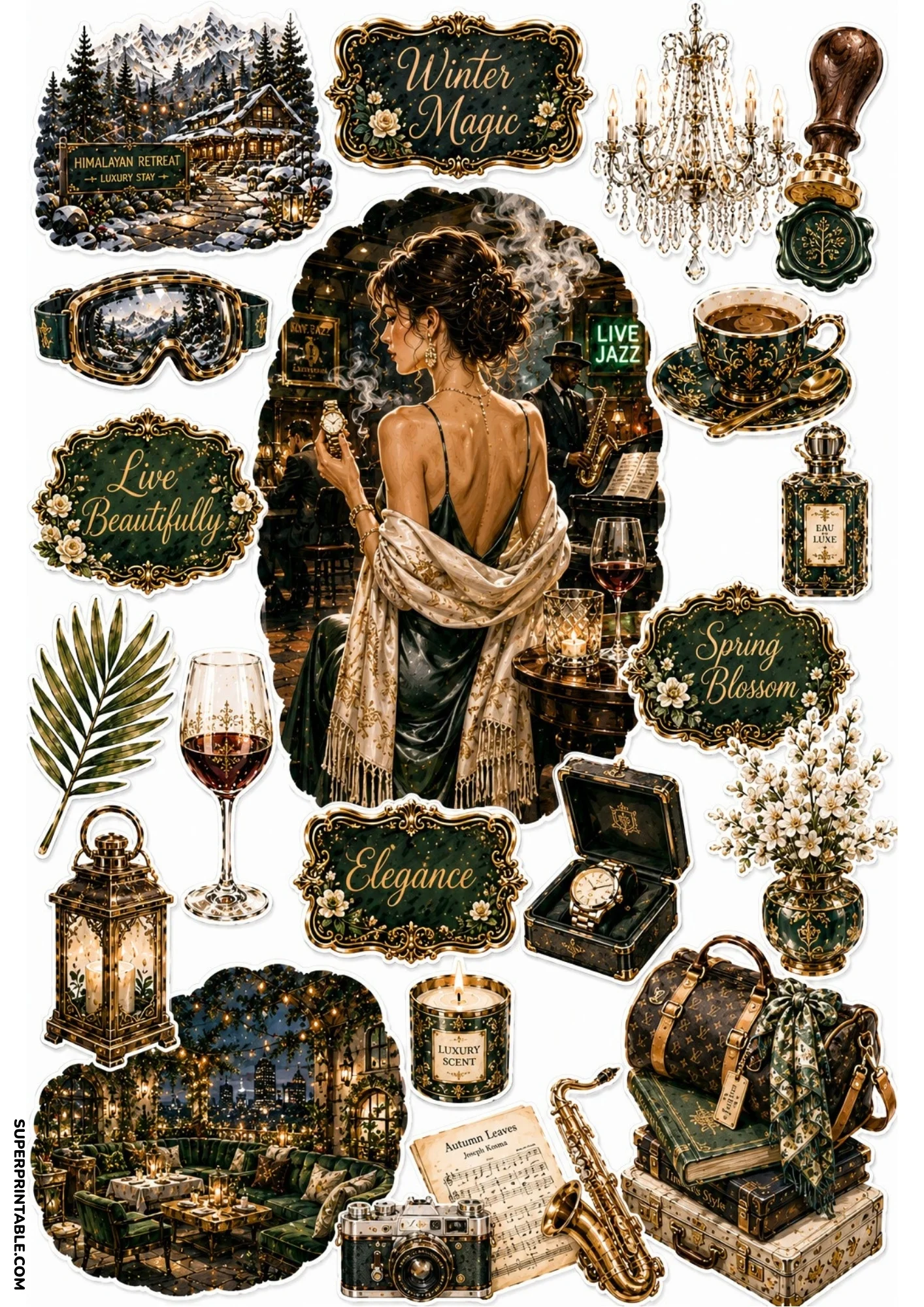 Sticker sheet in deep forest green showing a woman in an evening lounge, saxophone with sheet music, wax seal stamp, crystal chandelier, and duffel bag on luggage.