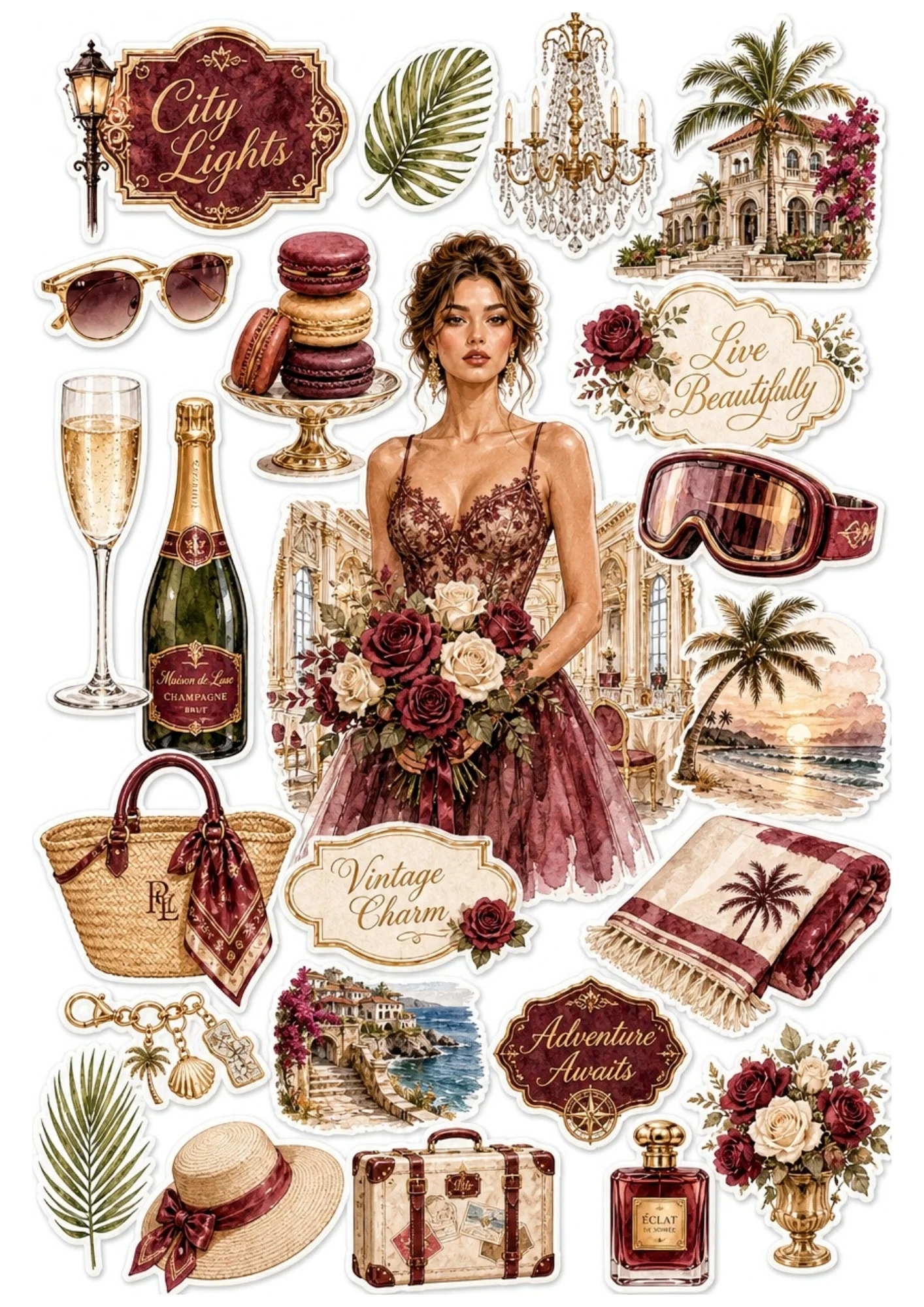Printable sticker sheet displaying a woman in a dark burgundy lace dress, featuring deep red elements such as champagne, vintage luggage, straw hat, floral bouquet, and beach sunset.