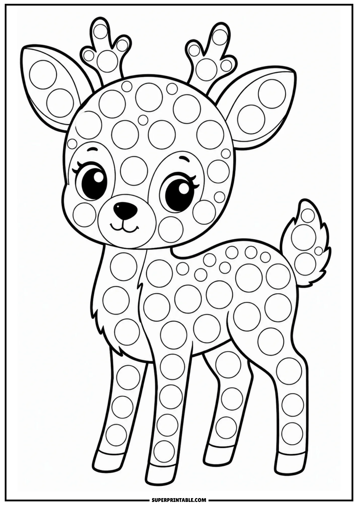 A cute cartoon baby deer standing on all fours with small antlers, covered in circular dot markers.