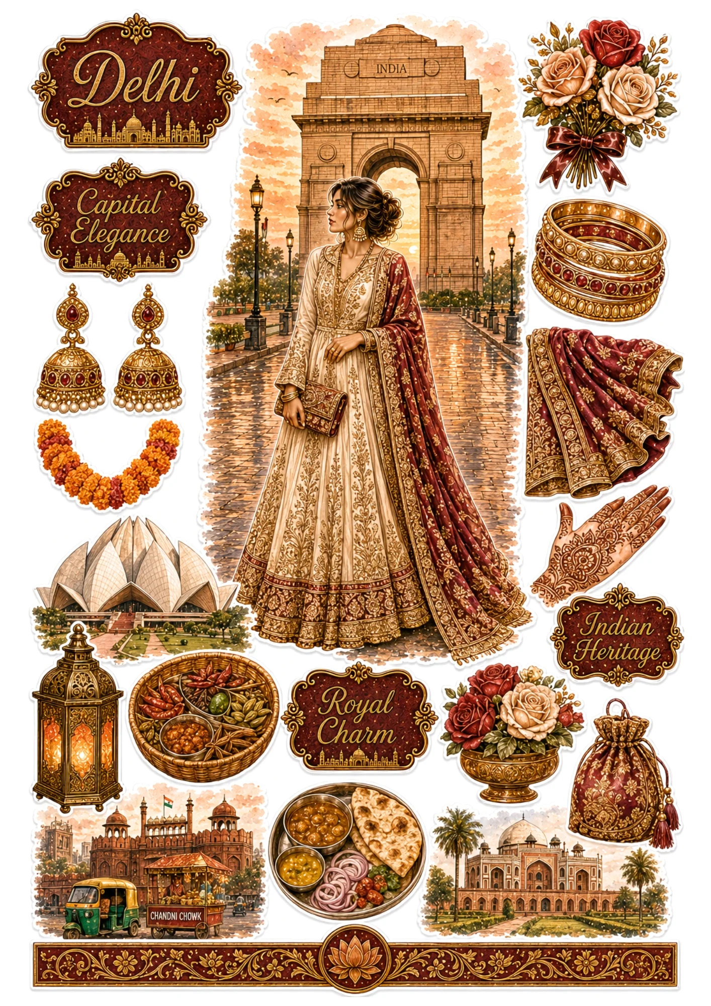 Delhi sticker sheet showing a woman in an ivory gold Anarkali lehenga before India Gate, Lotus Temple, and Indian thali.
