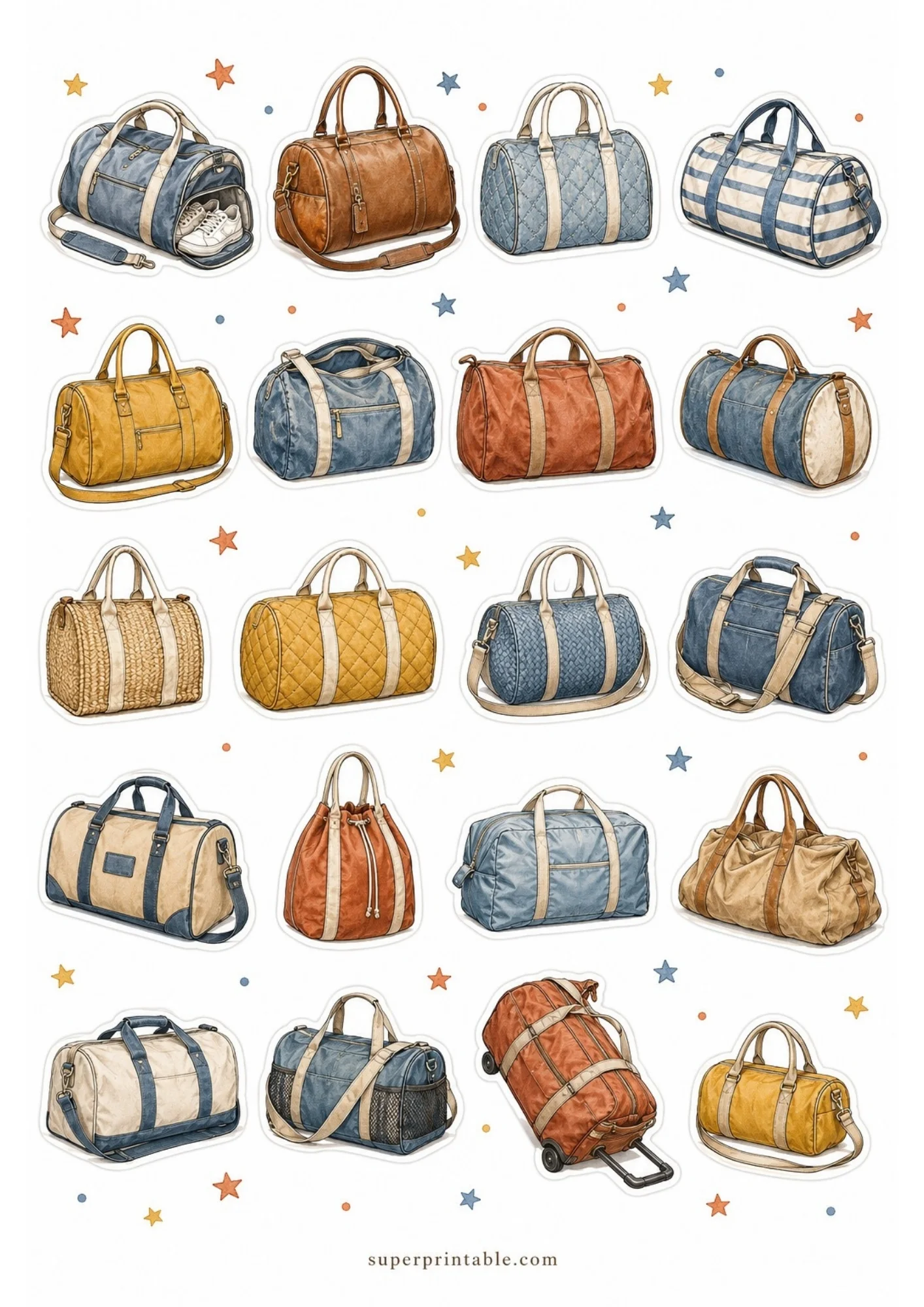 A sheet of 20 travel sticker designs in blue denim texture and mustard yellow color, featuring duffle bags and star shapes.