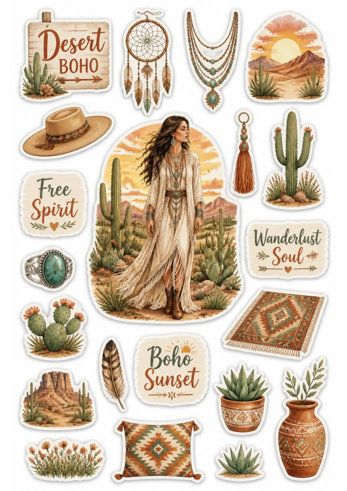 Desert boho sticker sheet featuring a bohemian woman in the desert, saguaro cacti, dreamcatchers, turquoise jewelry, and southwestern decor.