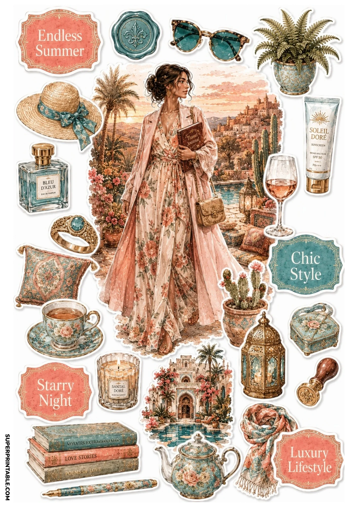 Sticker sheet depicting a woman with a travel journal in a sunlit desert oasis near a hilltop fortress, accompanied by straw hats, cacti, and leather books.