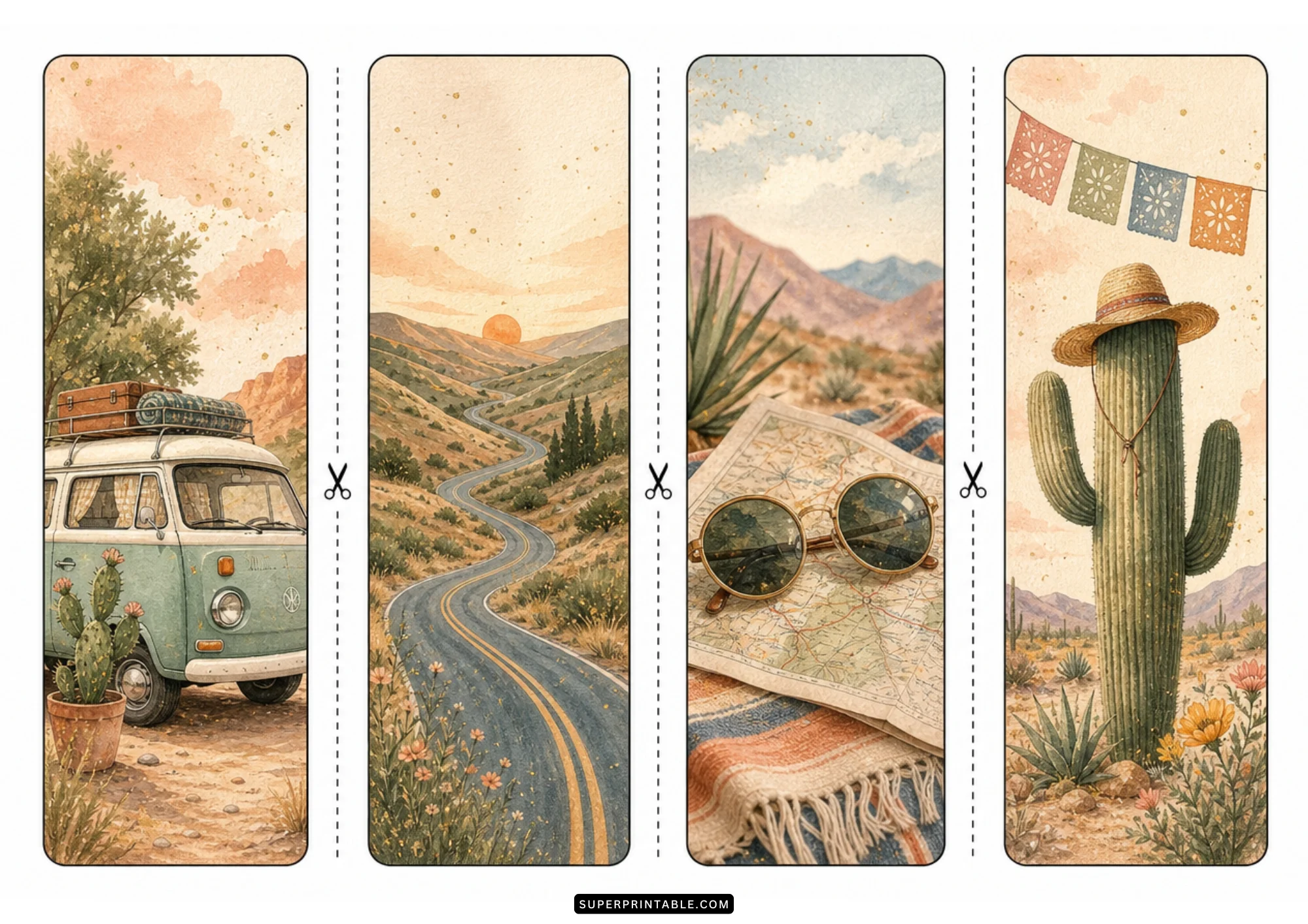 Watercolor summer road trip bookmarks showing a vintage camper van, winding road, map, and cactus in straw hat.