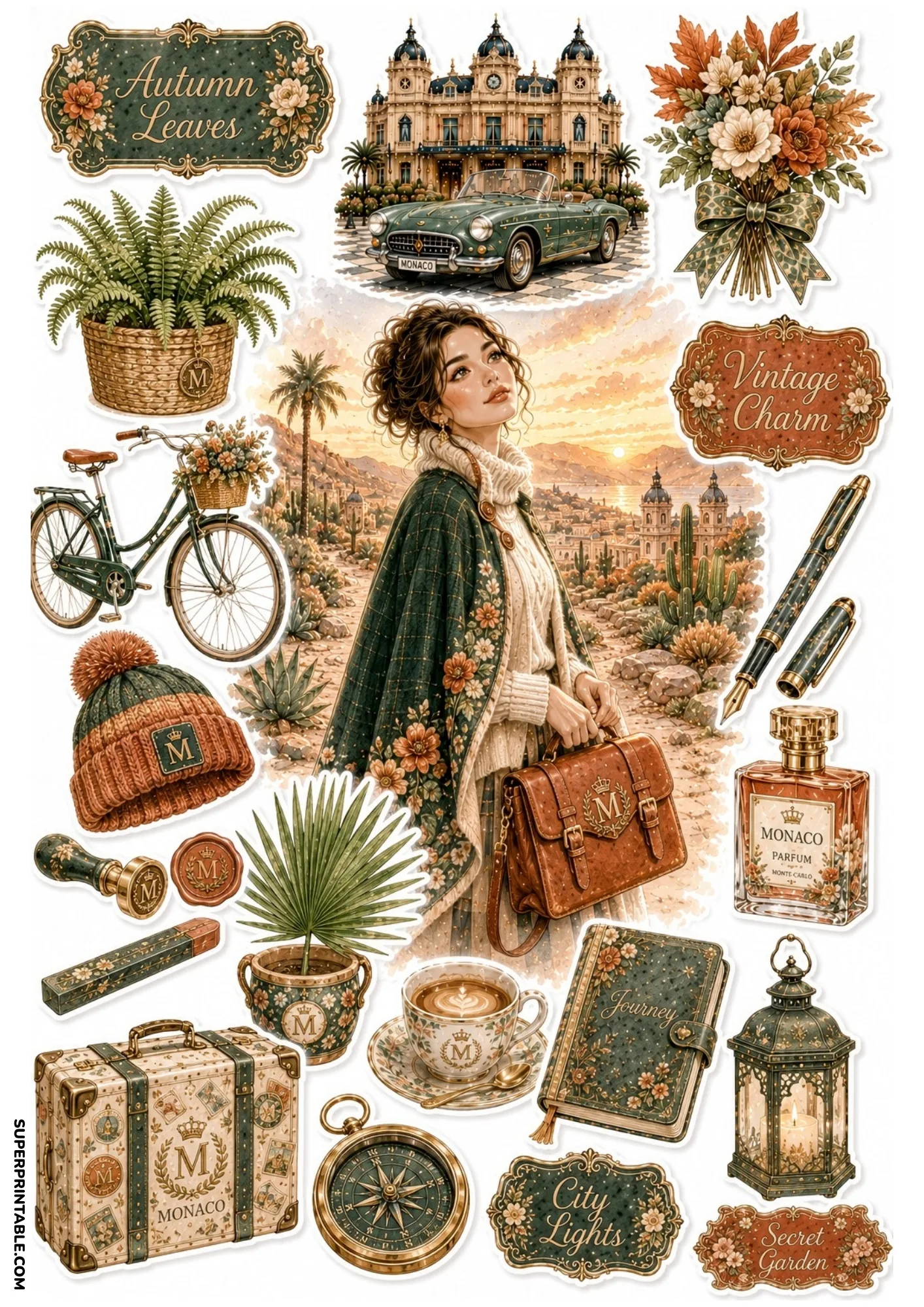 Printable sticker sheet depicting a woman in an autumn cape on a desert coastal trail, green bicycle, compass, and lantern.