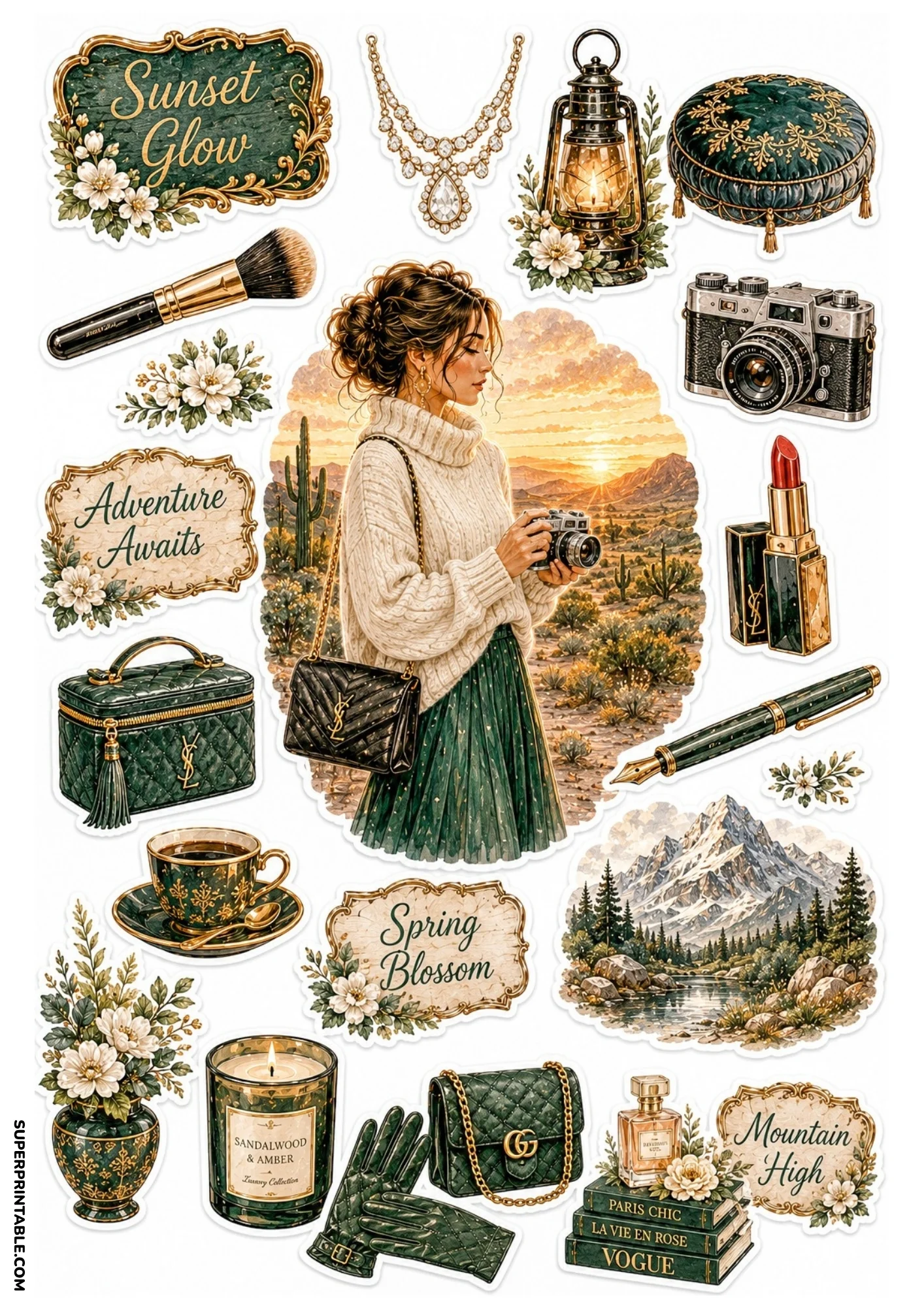 Printable sticker sheet with a central image of a woman holding a camera in a cactus desert at sunset, surrounded by green leather handbags, mountain watercolor art, makeup brush, and vintage signs.