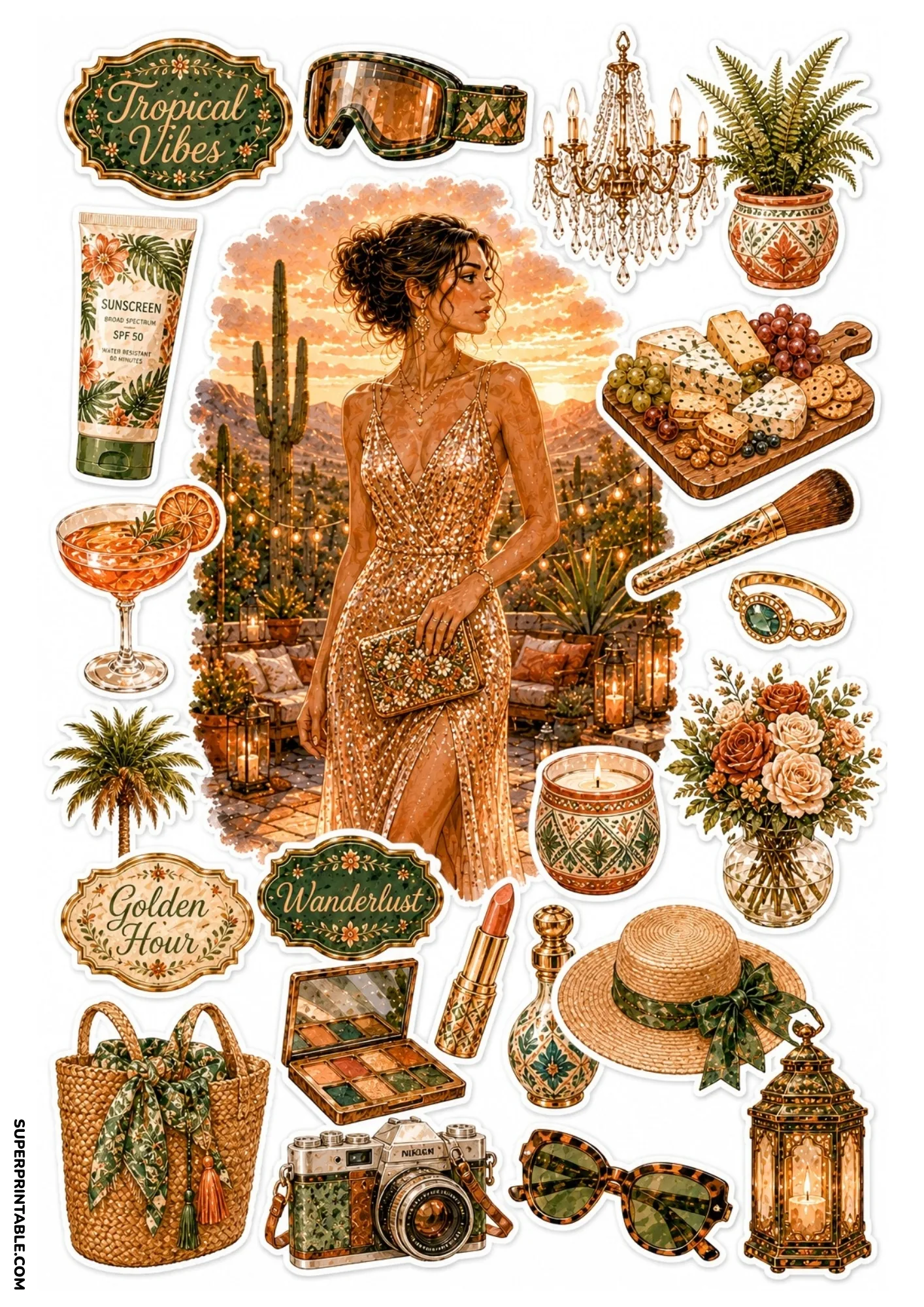 Sticker sheet featuring a woman in a desert resort setting at sunset with warm-toned lifestyle cutouts.