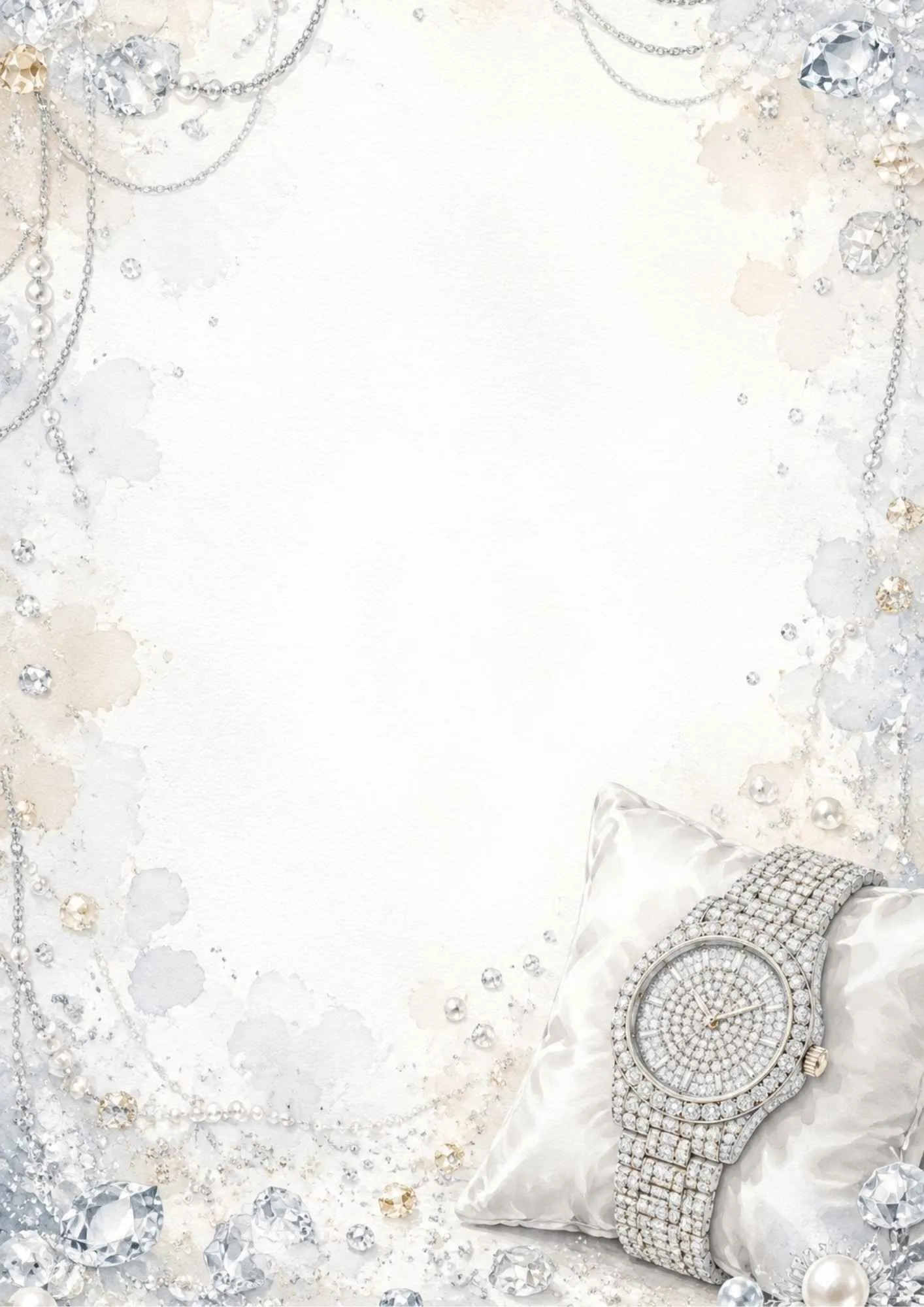 A glittering writing page featuring a diamond-encrusted silver watch with a diamond bezel on silk.
