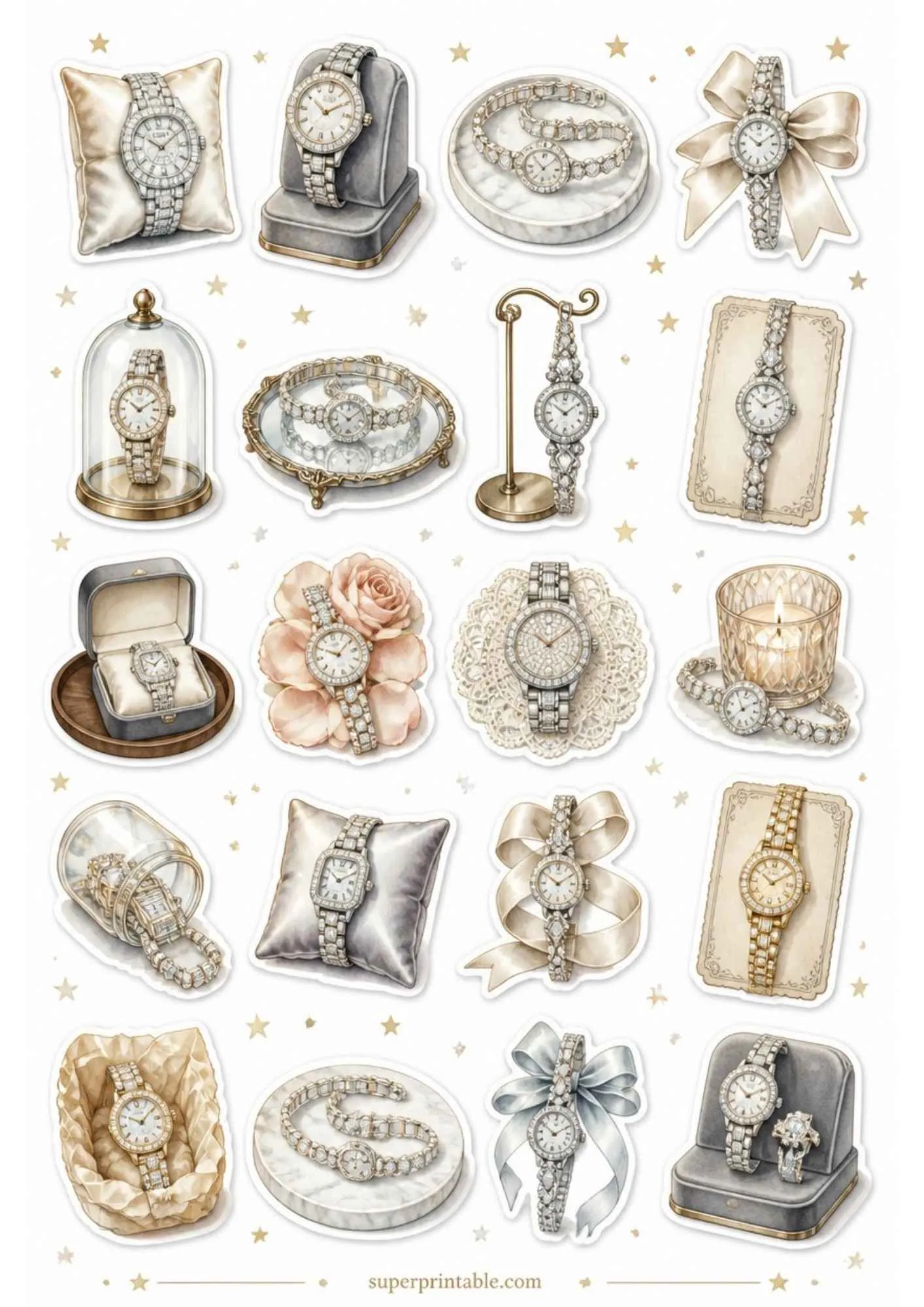 A printable sticker sheet featuring diamond-encrusted silver and gold watch designs with glittering diamond bezels.
