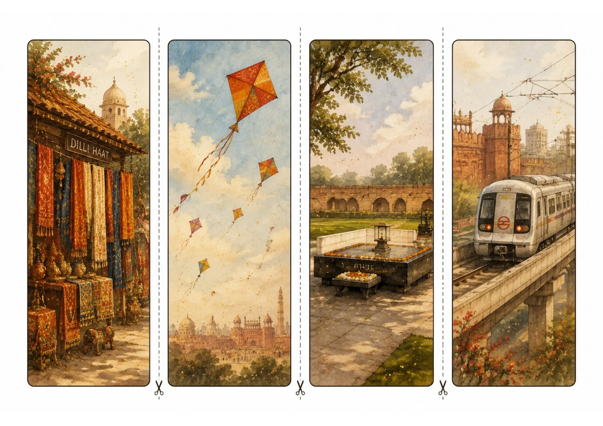 Four printable vertical bookmarks illustrating Dilli Haat textile craft stall, colorful kites flying over Old Delhi skyline, Raj Ghat marigold memorial, and Delhi Metro train.