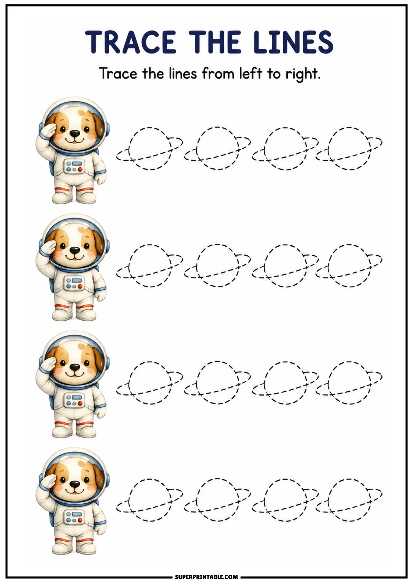 Line tracing worksheet showing cute dog astronauts saluting beside rows of dashed ringed planet outlines.