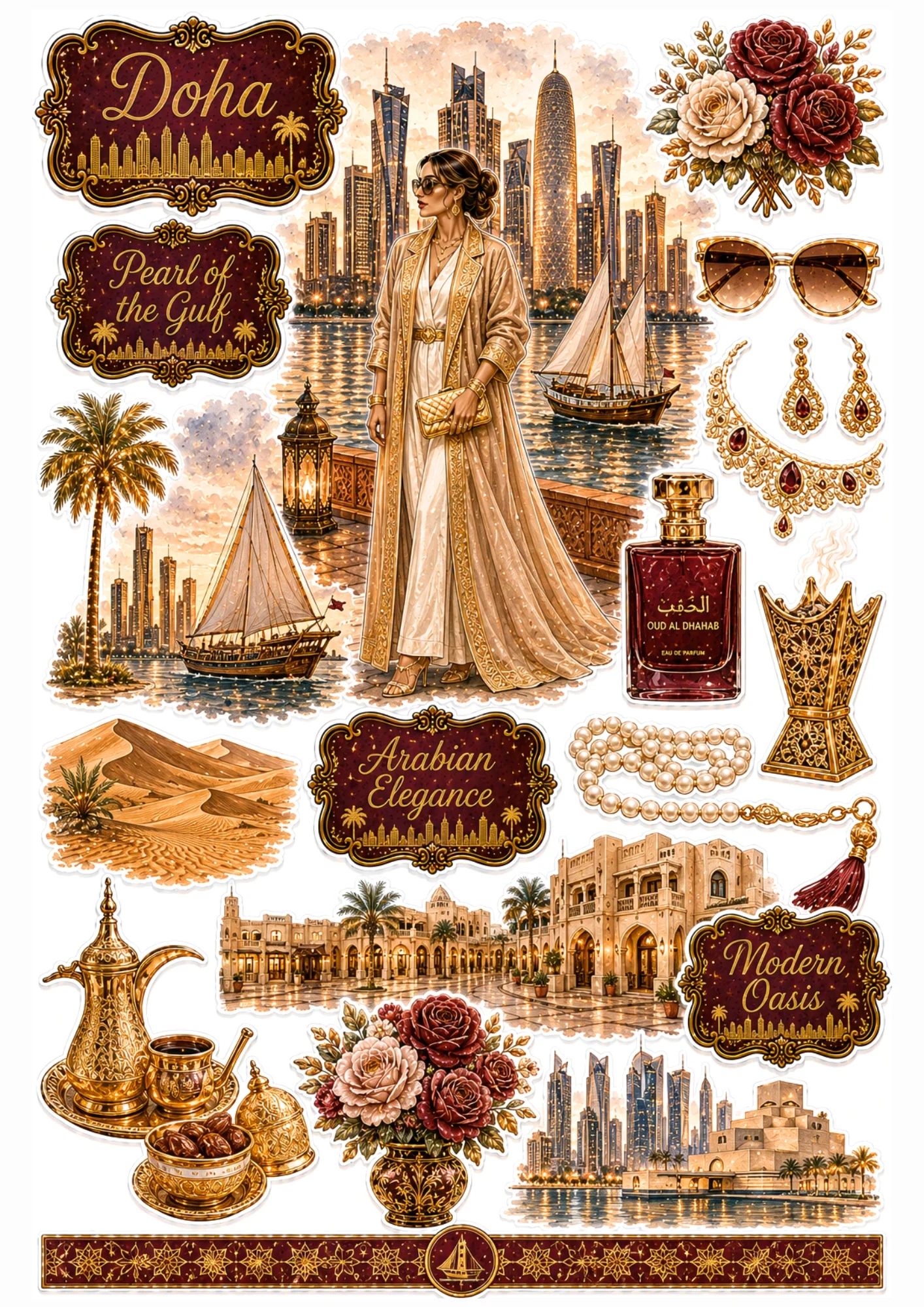 Doha sticker collection featuring a woman in a gold embroidered abaya on Doha Corniche, West Bay skyline, dhow boat, and oud perfume.