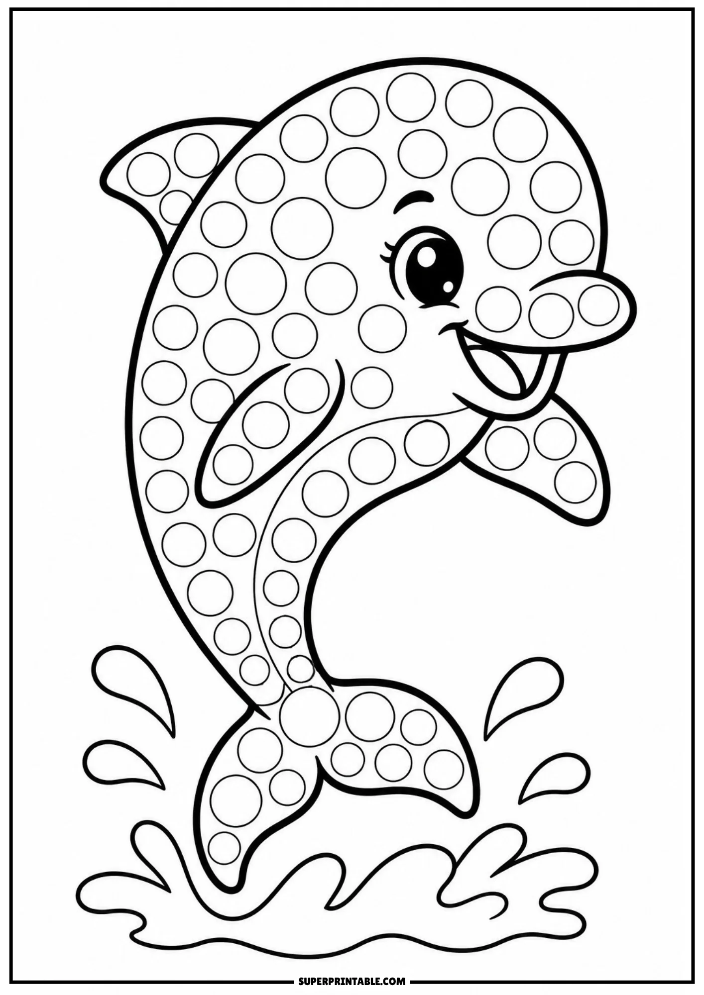A cute cartoon dolphin leaping out of the water with splashes, covered in circular dot markers.