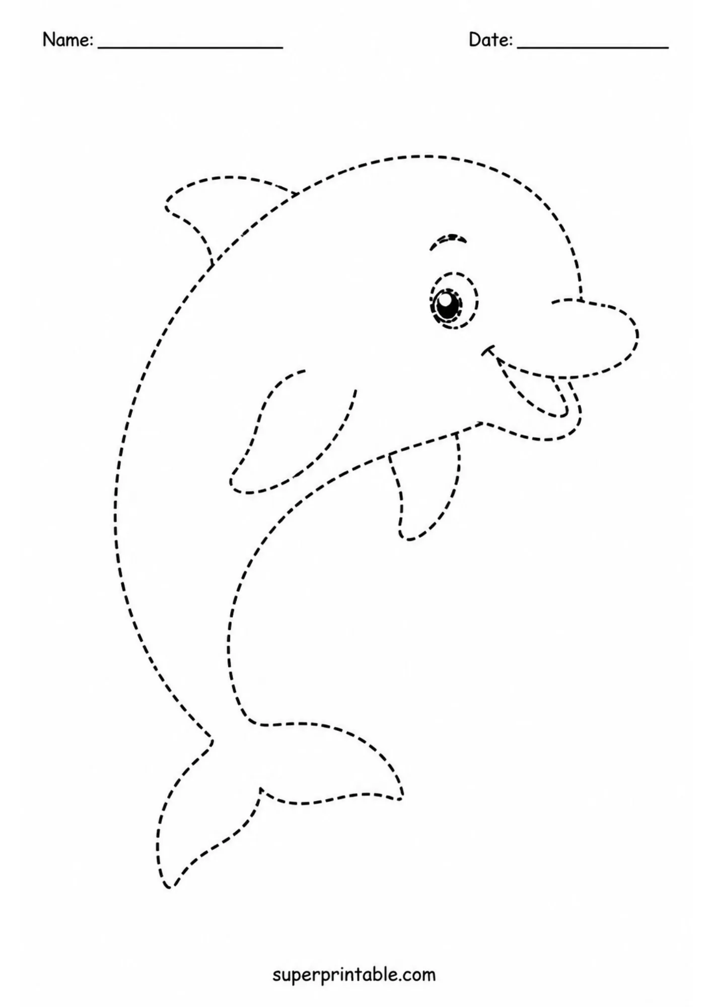 Dolphin line tracing activity worksheet with dashed outlines for kids on a white background.