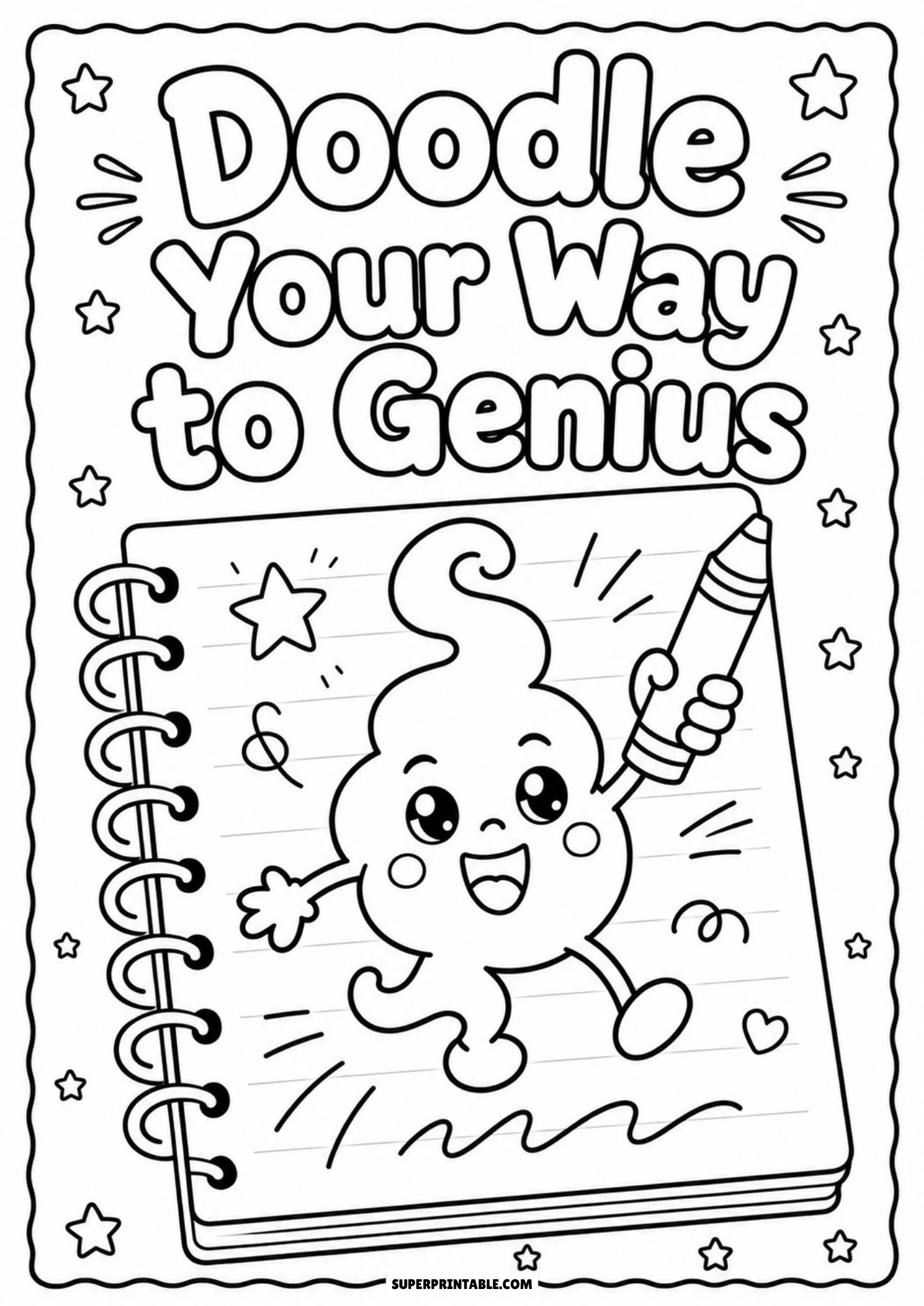 Black and white coloring page showing a cute cartoon character holding a pencil inside a spiral notebook with text reading Doodle Your Way to Genius.