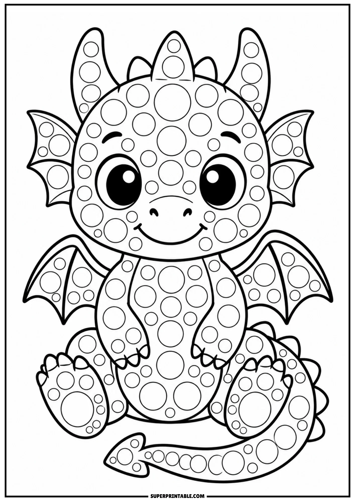 A cute cartoon baby dragon sitting down with wings and spiked back, covered in circular dot markers.