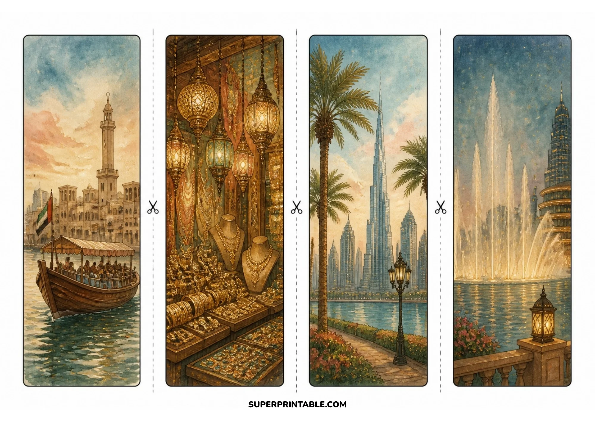 Printable bookmark set displaying a traditional wooden abra boat on Dubai Creek, Gold Souk market with golden jewelry, Burj Khalifa with palm trees, and Dubai Fountain.