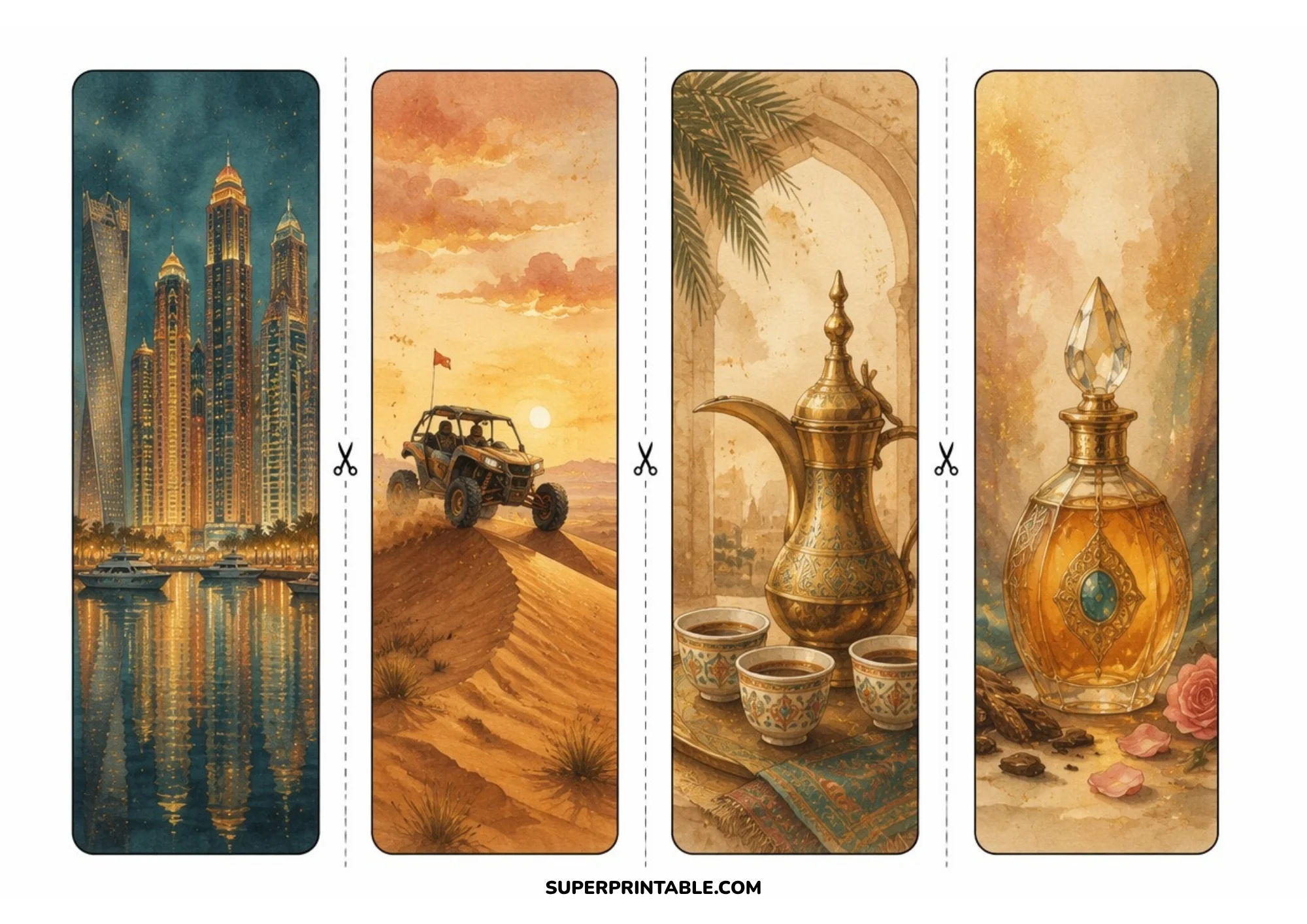 Sheet of 4 watercolor bookmarks illustrating lit Dubai Marina skyscrapers at night, a dune buggy on desert sands, brass dallah coffee pot, and amber perfume bottle.