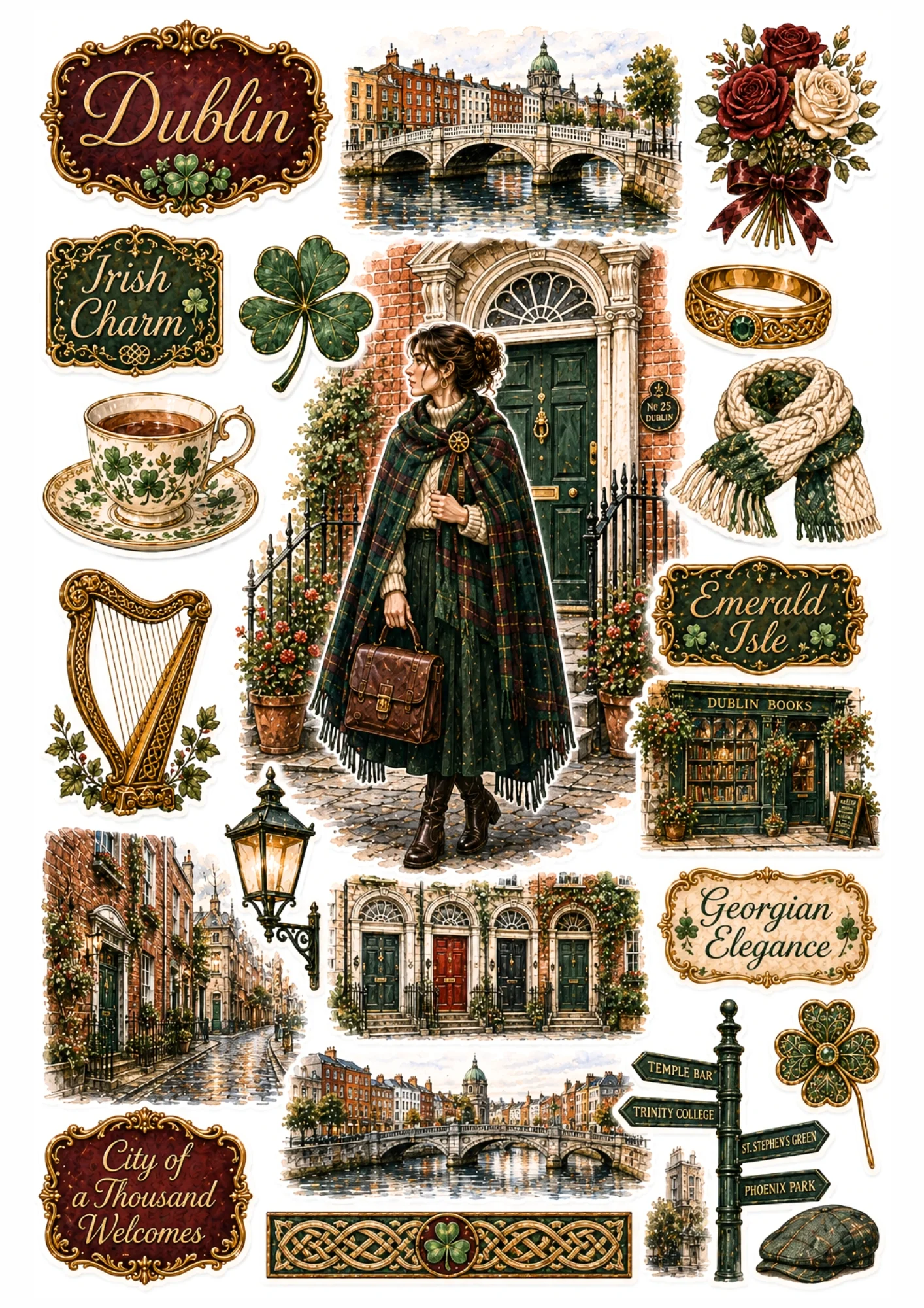 Dublin sticker collection featuring a woman in a green plaid poncho at a Georgian red brick door, shamrocks, harp, and Ha'penny Bridge.