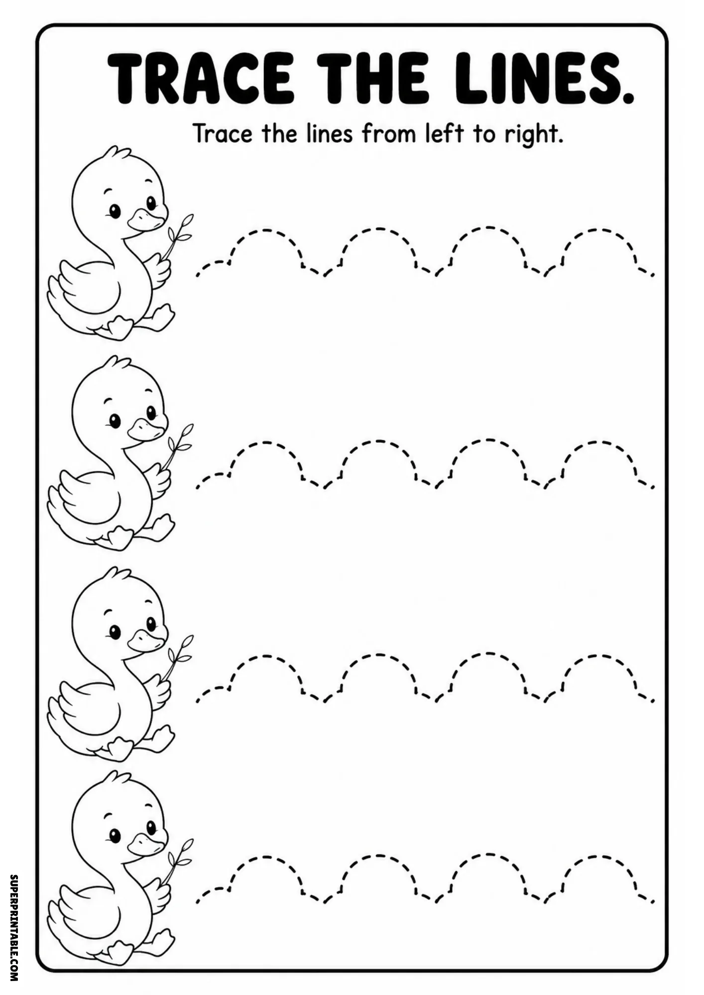 Line tracing worksheet with four cartoon ducklings holding leaf twigs next to rounded arch dashed tracing paths.