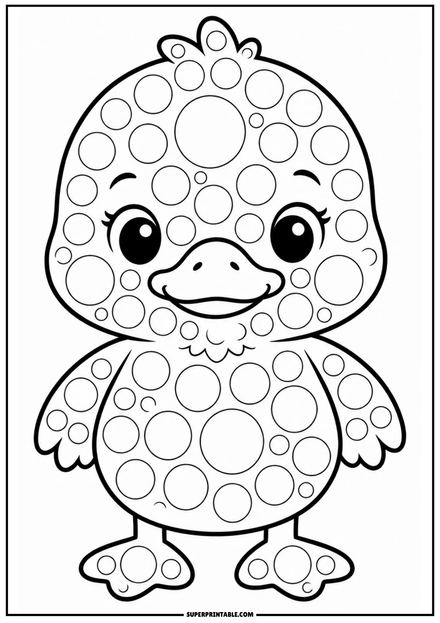 A cute cartoon duckling standing upright with webbed feet, covered in circular dot markers.