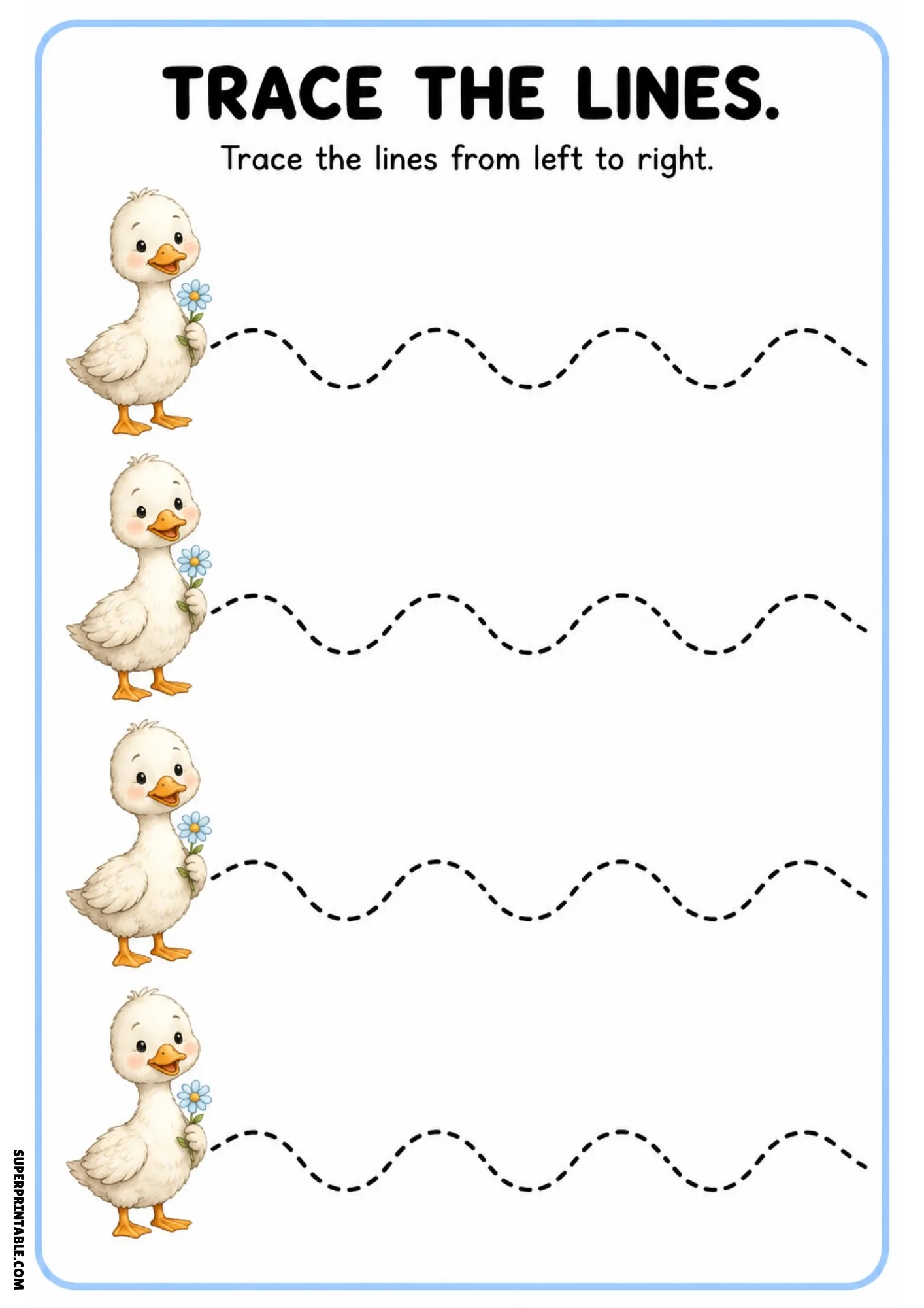 Line tracing page featuring four cute ducklings holding blue flowers next to wavy dashed lines.