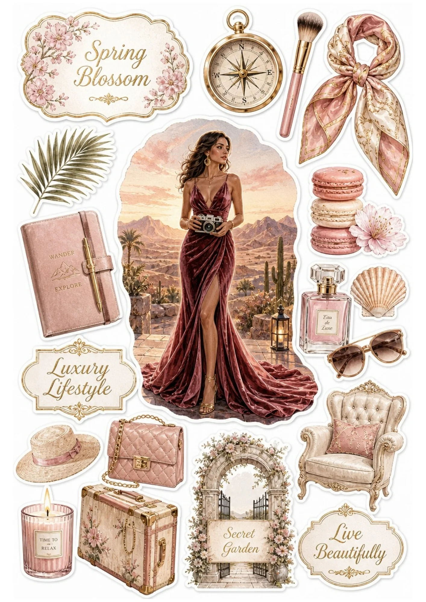 A dusty pink sticker sheet with a woman in a red dress holding a camera, pink journal, white armchair, and floral trunk.
