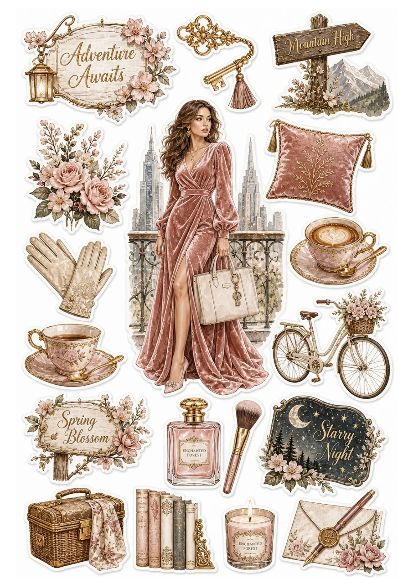 Sticker sheet displaying a woman in a pink velvet gown on a city balcony.