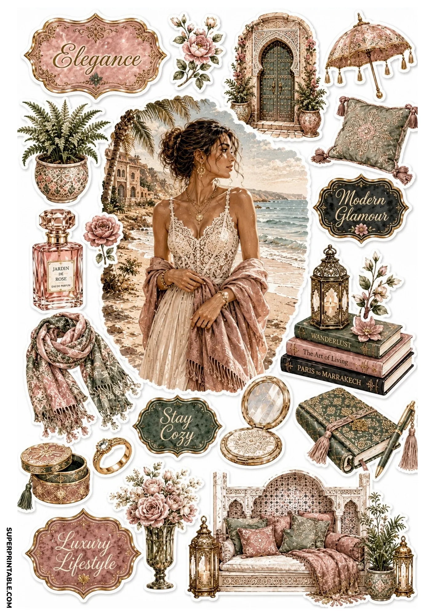 Dusty rose and sage green sticker sheet featuring a coastal beach scene, ornate Moroccan daybed sofa, travel journal, and rose perfume.
