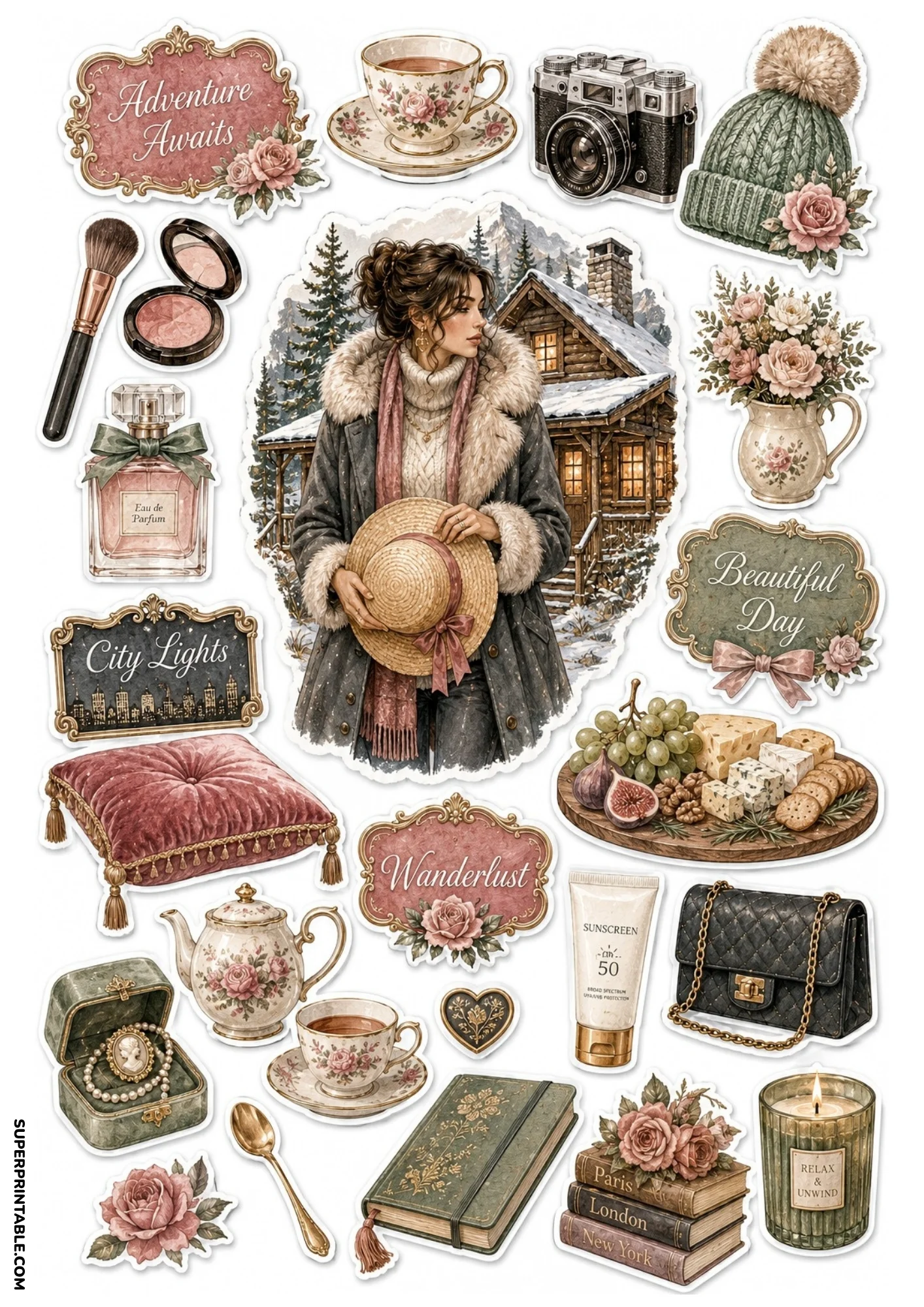 Printable sticker sheet with a dusty rose palette showing a woman near a snowy log cabin, teacups, cheese board, knit beanie, and floral labels.