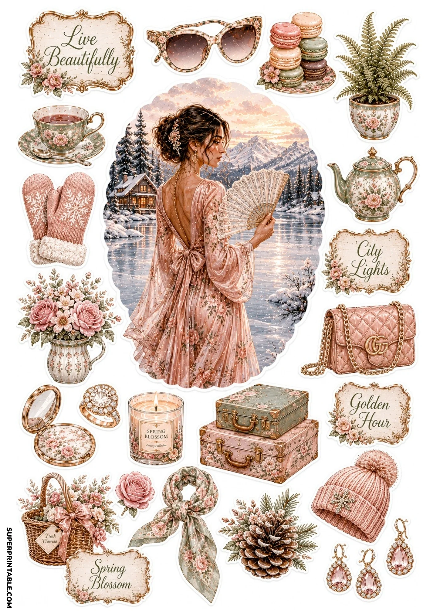 Printable sticker sheet with a central image of a woman holding a lace fan near a frozen lake, surrounded by pink mittens, macaron tower, teapot, stacked suitcases, and floral baskets.