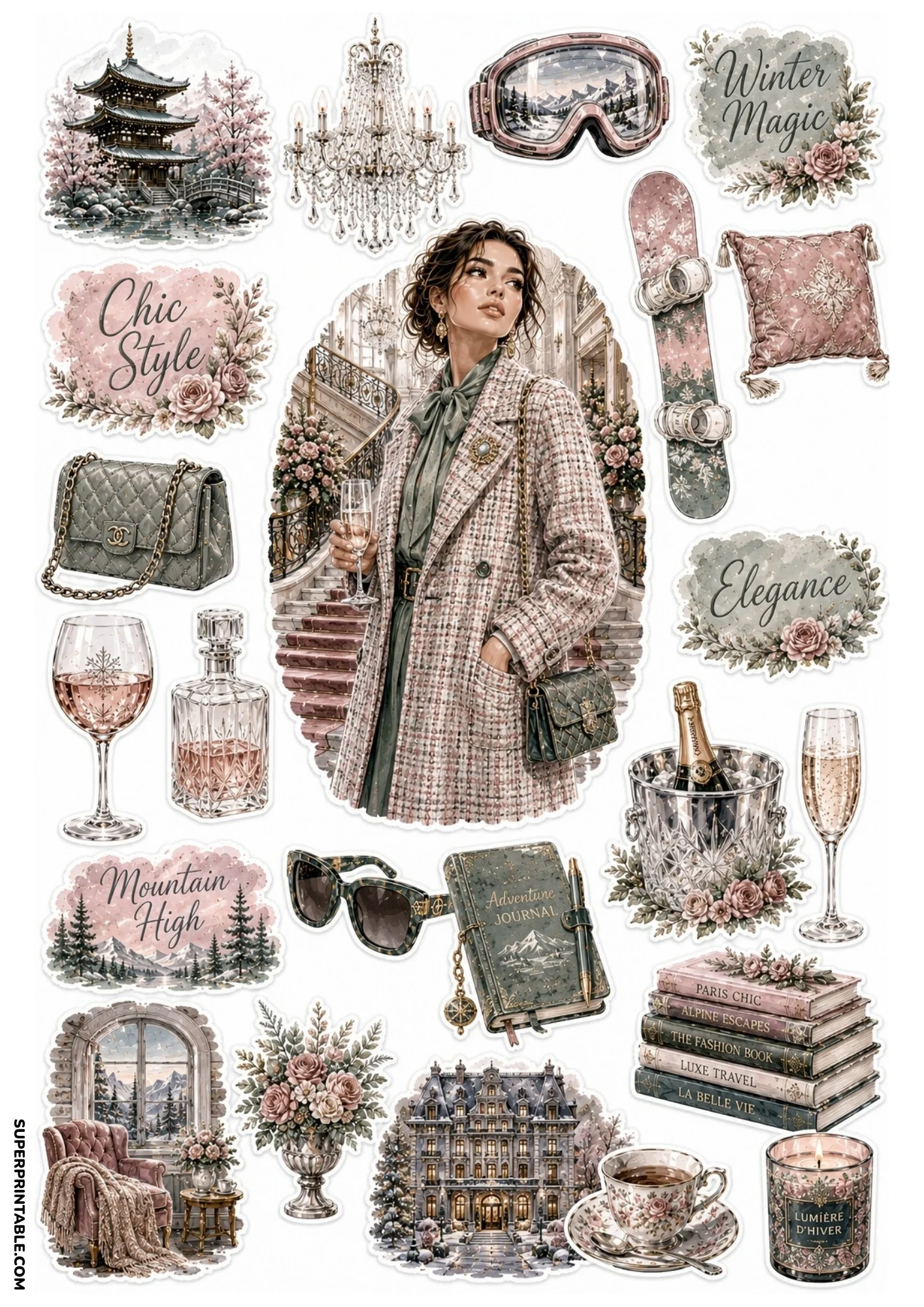 Dusty rose winter sticker sheet depicting a Japanese pagoda, snowboard, crystal chandelier, adventure journal, book stack, and snowy hotel building.