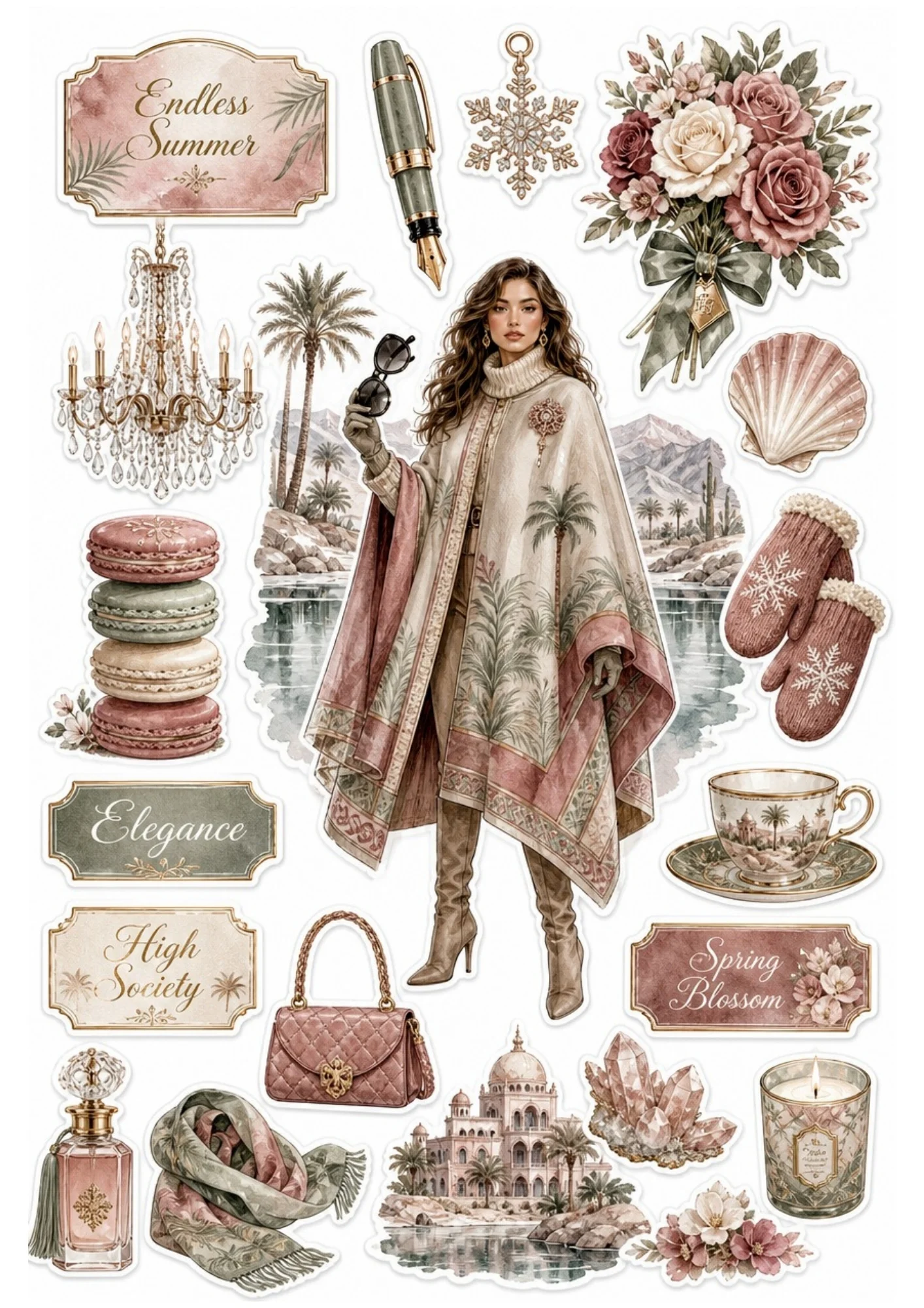 Printable sticker sheet featuring a woman in a palm-patterned winter cape coat surrounded by crystal chandelier, rose bouquet, macarons, and palace illustration.