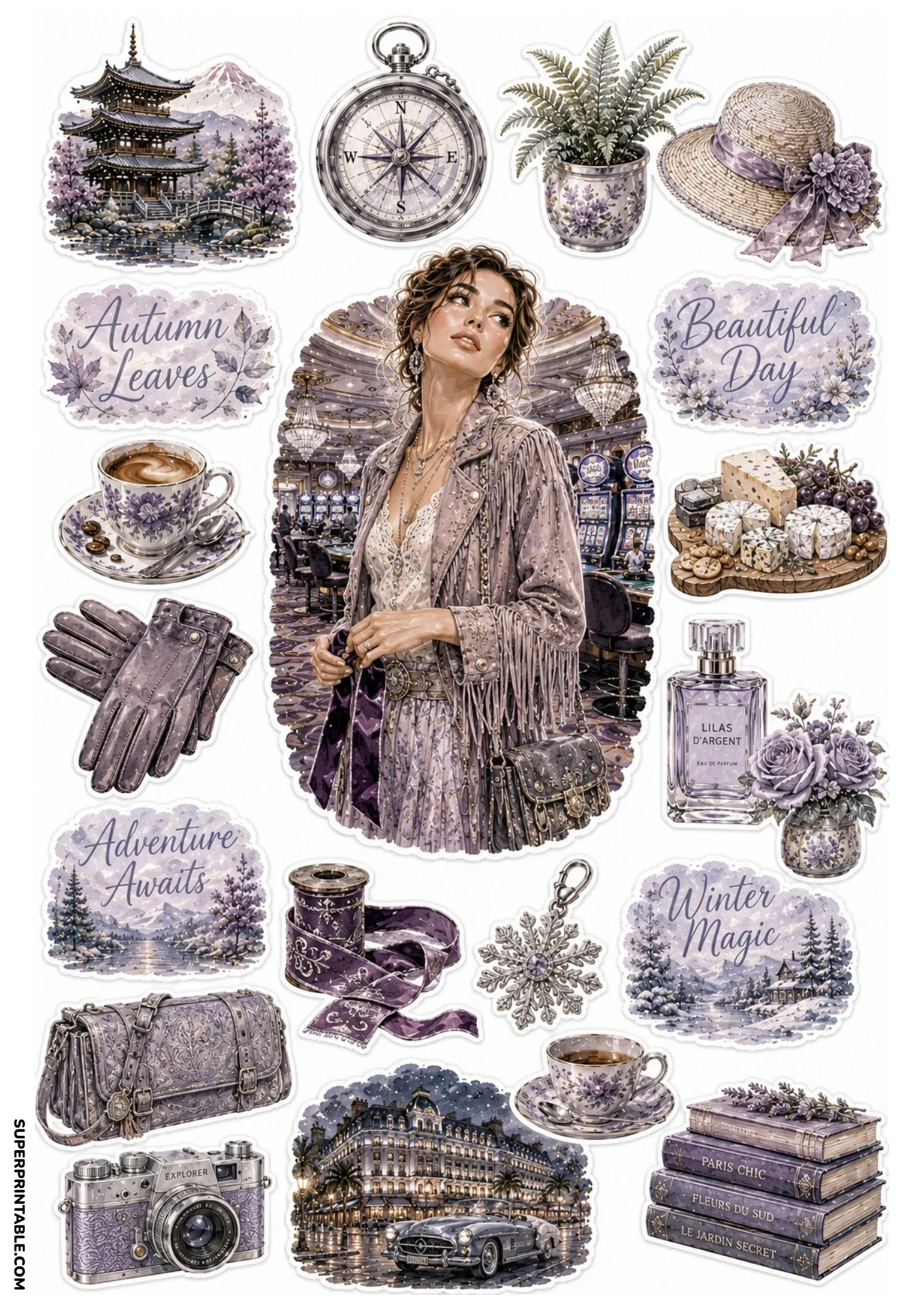 Dusty violet sticker sheet showing a Japanese pagoda beside Mount Fuji, purple leather gloves, vintage camera, teacup, and city street with classic car.