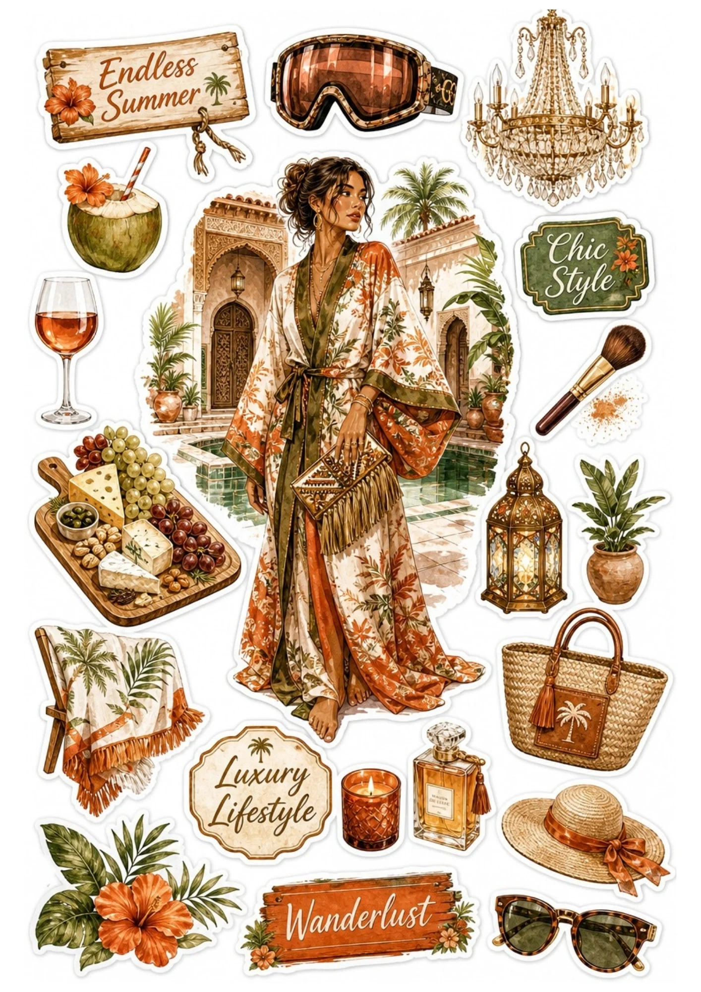 Printable sticker sheet showing a woman in a botanical kimono robe, with boho vacation elements such as a cheese platter, straw hat, woven bag, tropical flowers, and wooden signs.