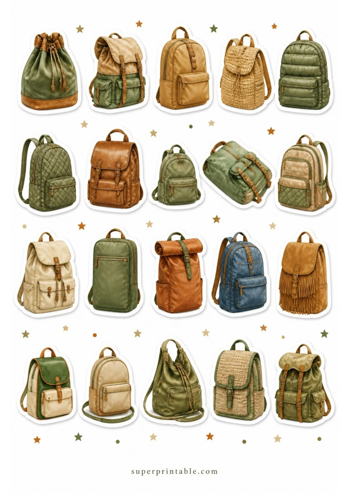 A sheet of printable stickers with twenty individual backpacks in green, tan, and brown, with green stars scattered around.