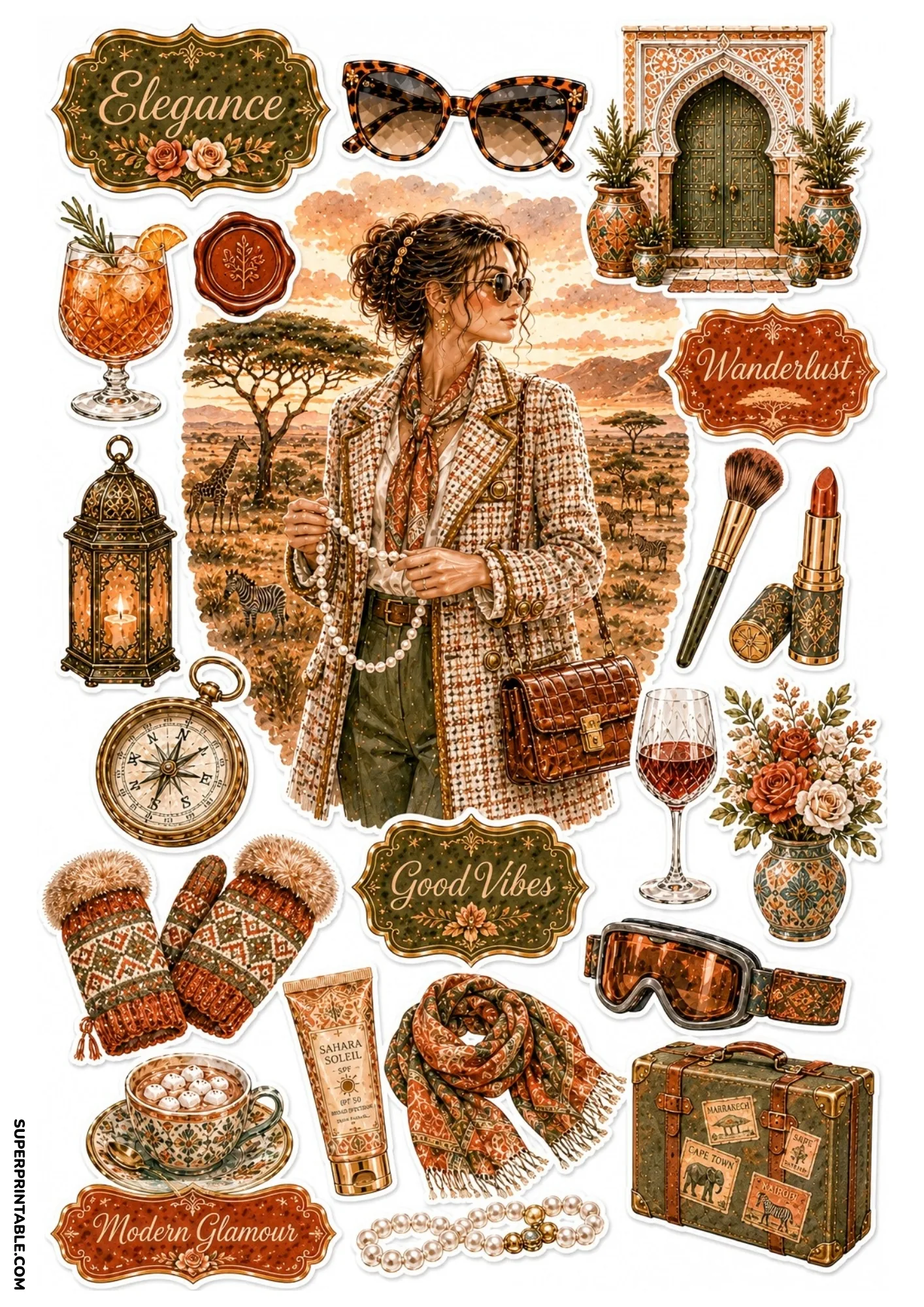 Earthy savanna safari sticker sheet with giraffes, traveler in plaid coat, vintage travel trunk with Marrakech stamp, and safari sunscreen.