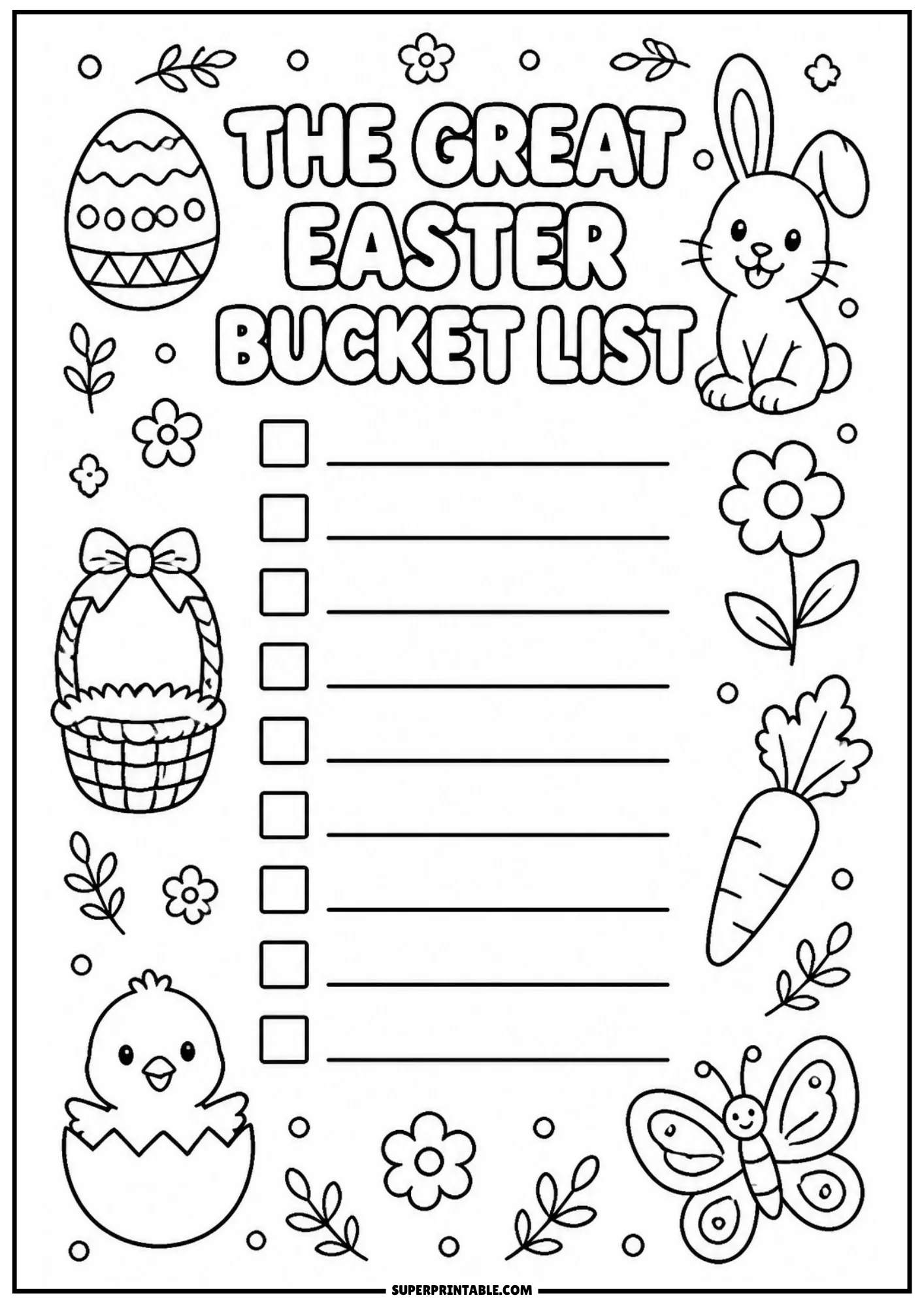 Printable Easter bucket list coloring page featuring line drawings of a decorated Easter egg, bunny rabbit, Easter basket, hatching chick, carrot, and butterfly.