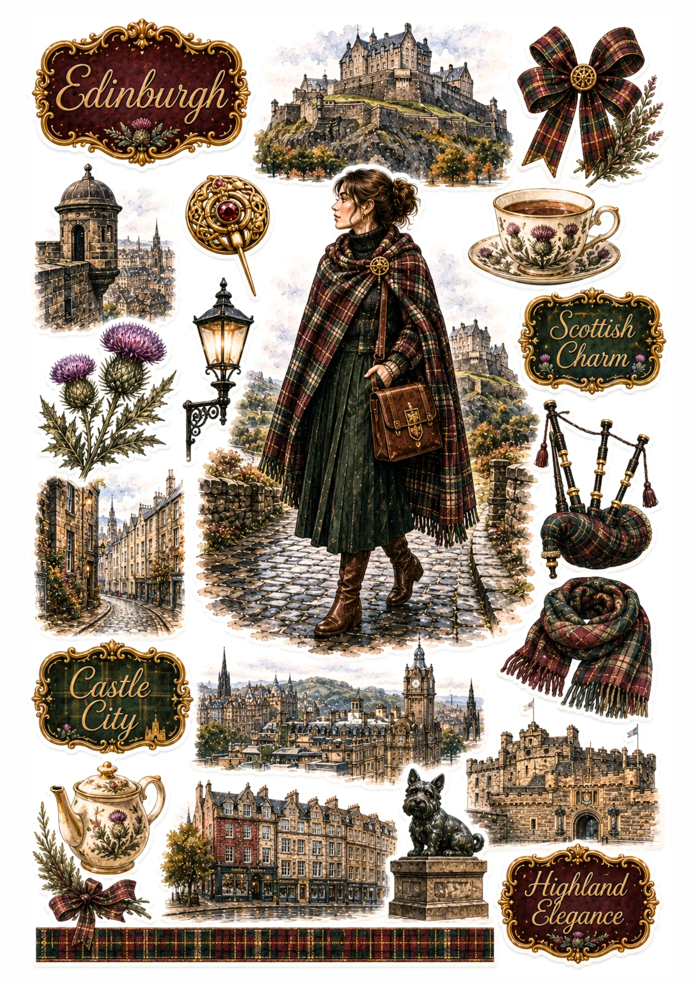 Edinburgh sticker sheet depicting a woman in a tartan plaid shawl near Edinburgh Castle, thistle flowers, and Scottish bagpipes.