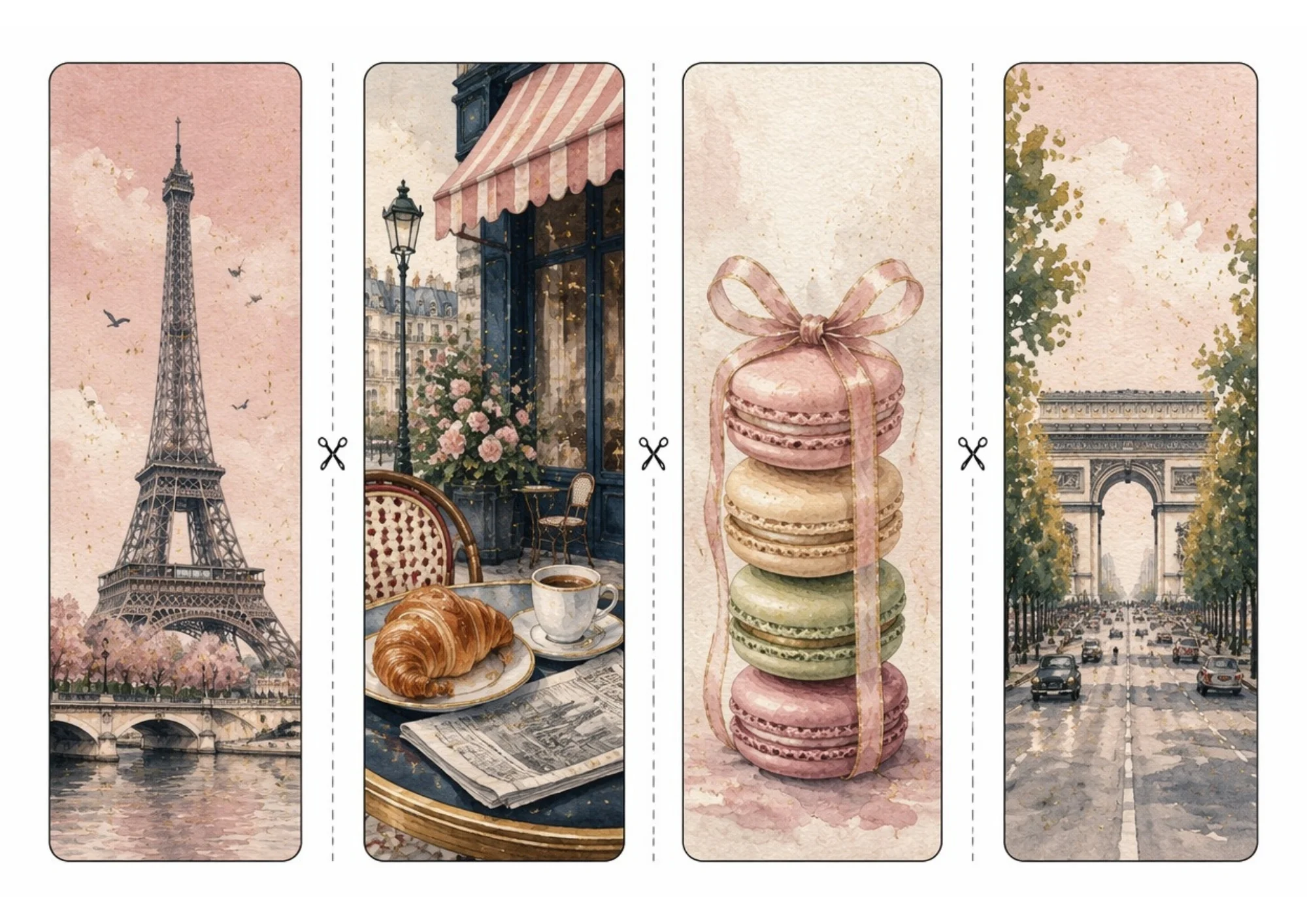 Printable sheet of four vertical watercolor bookmarks featuring the Eiffel Tower, a street café with croissant, pastel macarons tied with ribbon, and Arc de Triomphe.
