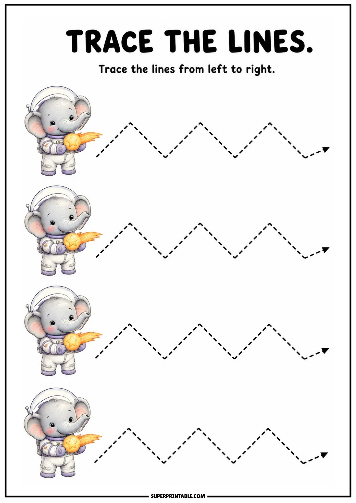 Tracing worksheet with adorable elephant astronauts holding stars and sharp zigzag arrow paths.