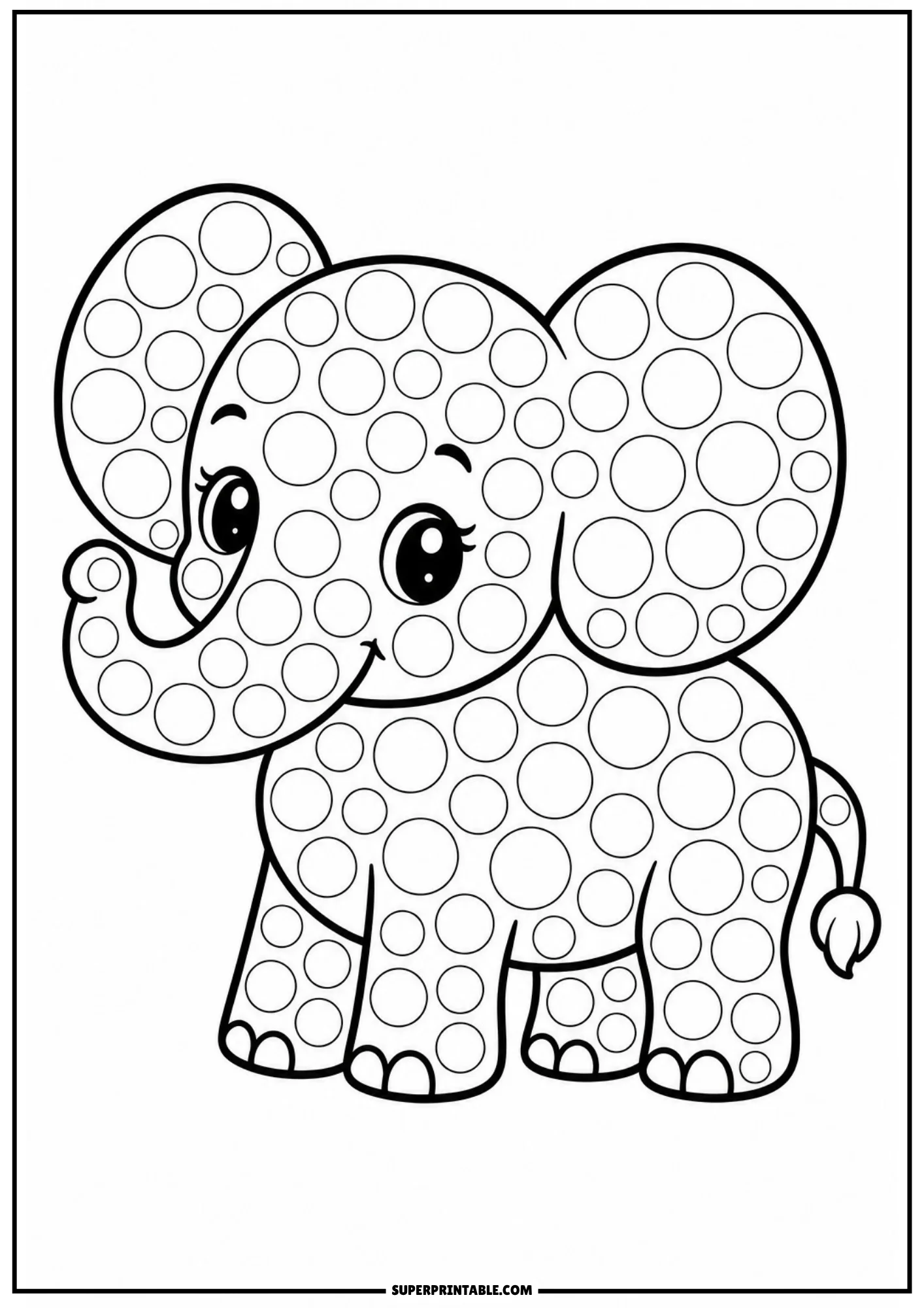 A cute cartoon baby elephant with its trunk raised, covered in circular dot markers.