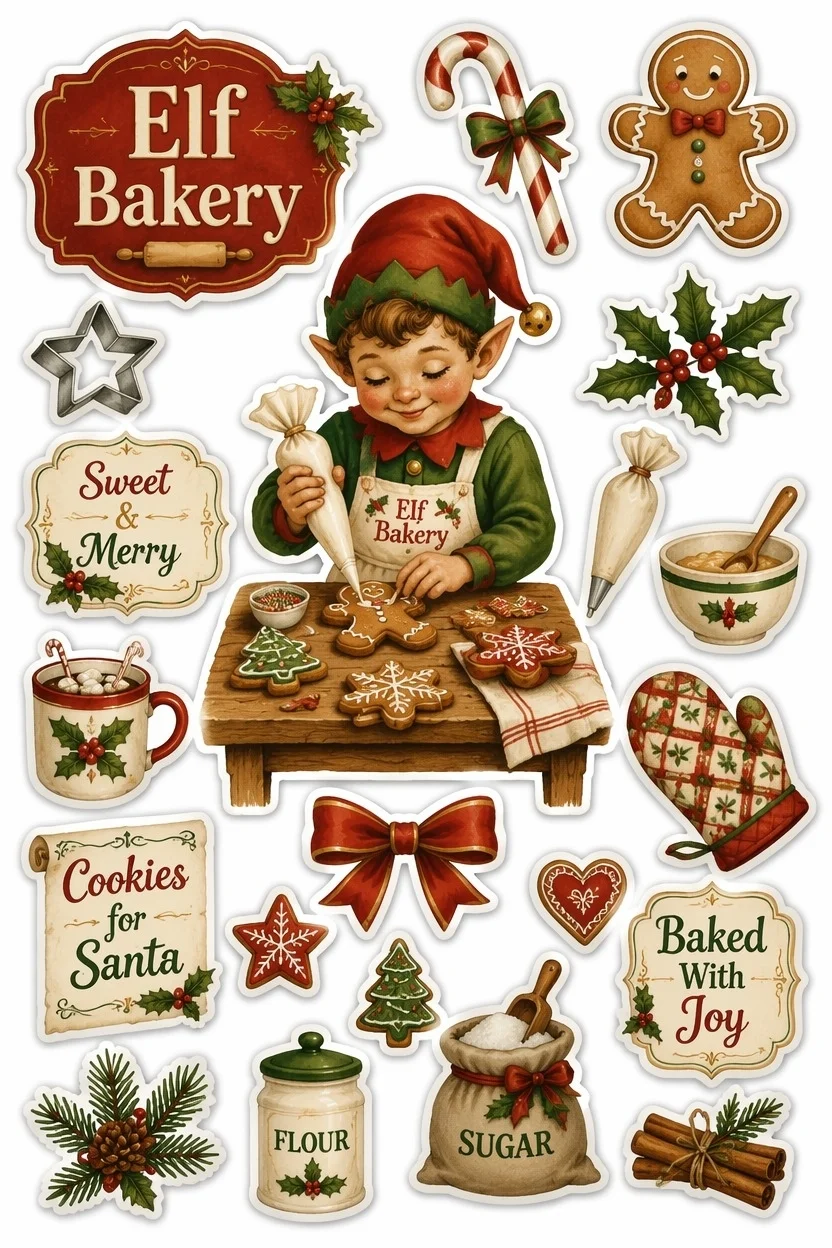Elf baker piping icing on gingerbread cookies at a table, surrounded by printable stickers of flour jars, sugar sacks, cinnamon sticks, hot cocoa, and oven mitt.