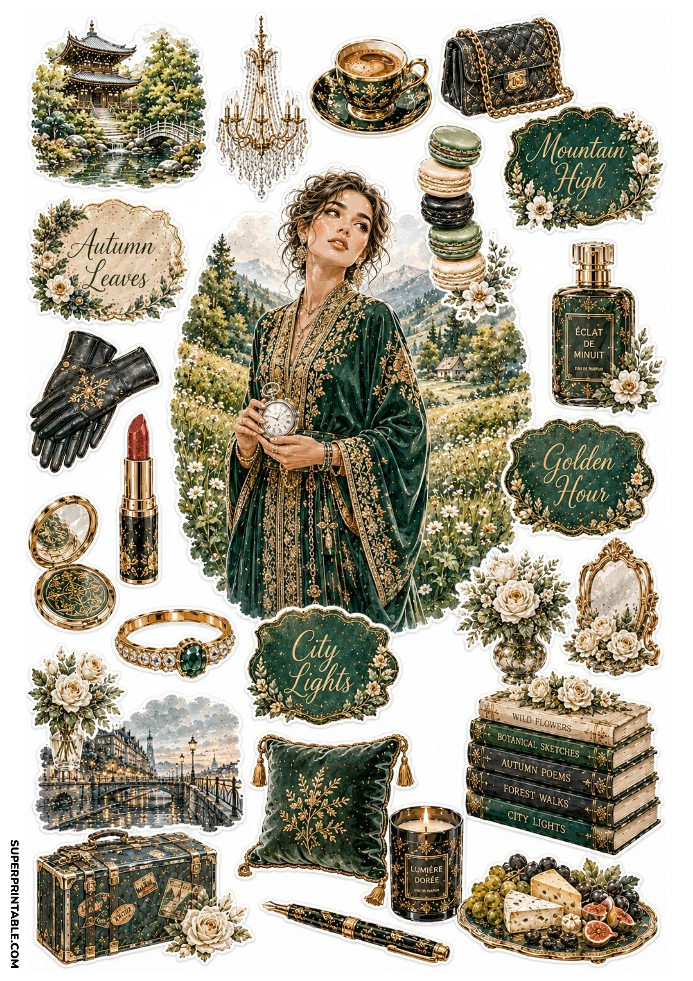 Emerald green botanical sticker sheet displaying a pagoda temple, woman holding a pocket watch, vintage suitcase, books stack, and green pillow.