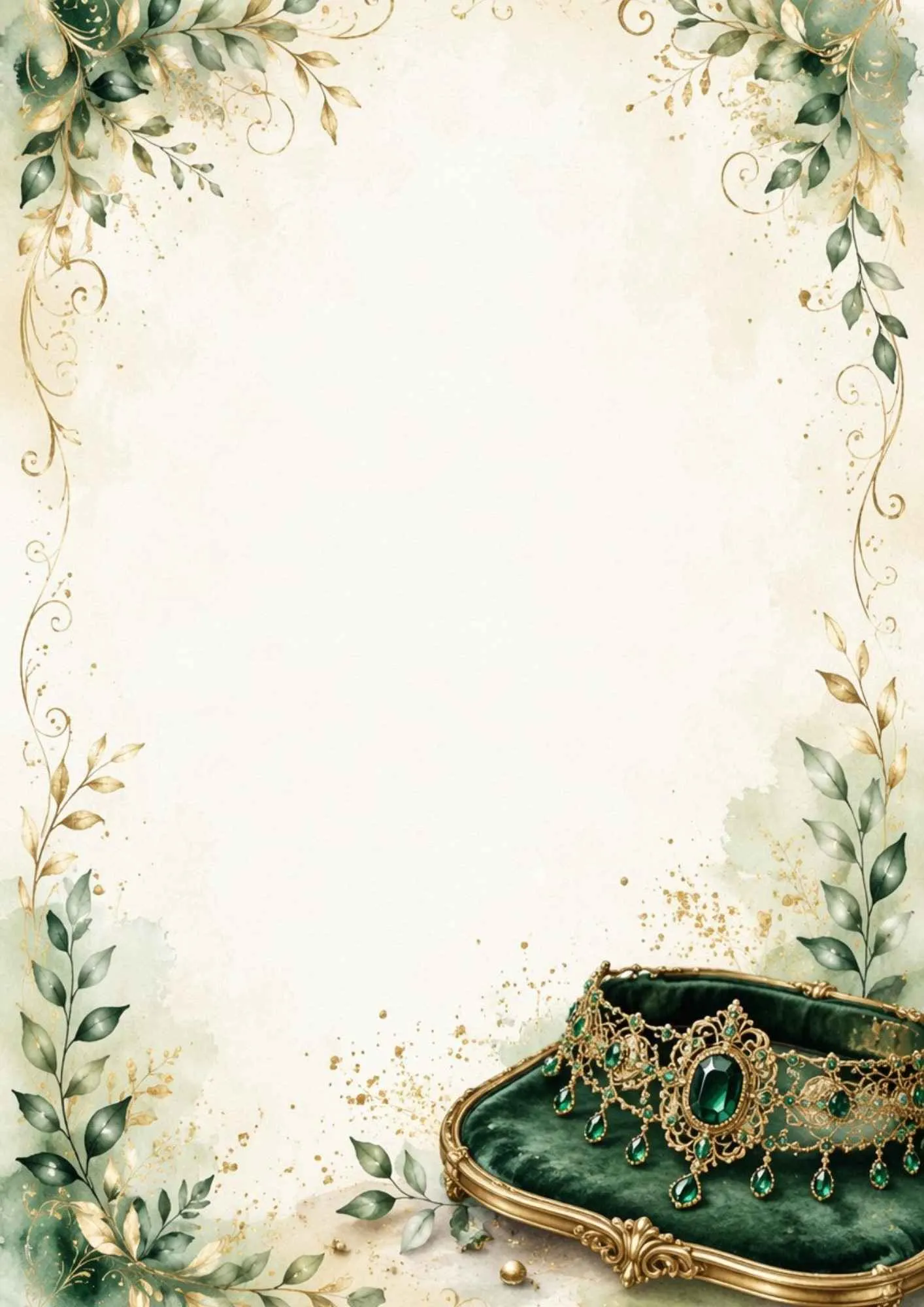 A luxurious writing page featuring a dark green emerald choker necklace set in silver with velvet and crystal accents.