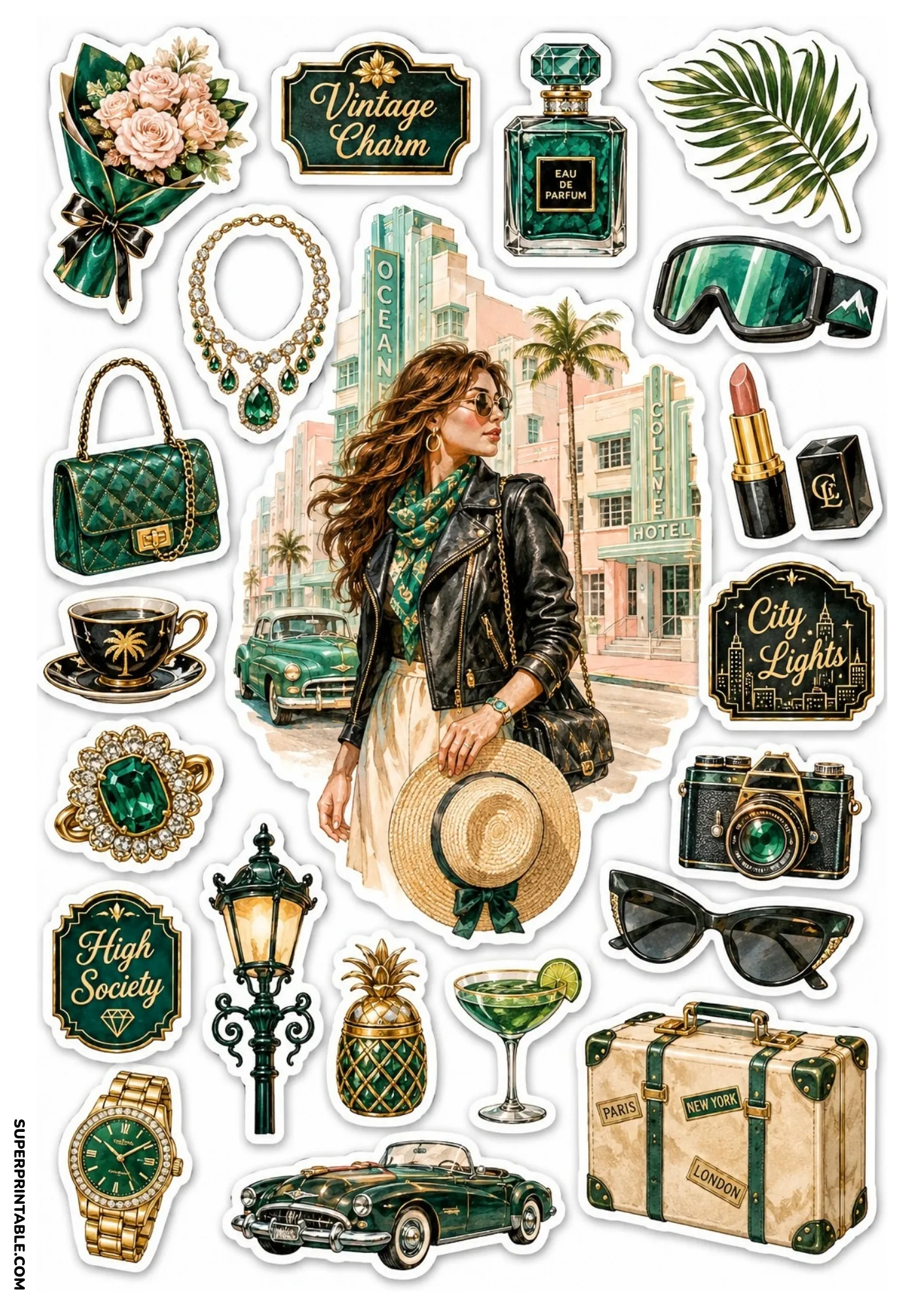 Printable sticker sheet with a central fashion illustration of a woman in an emerald green scarf and leather jacket surrounded by vintage luxury green accessories.