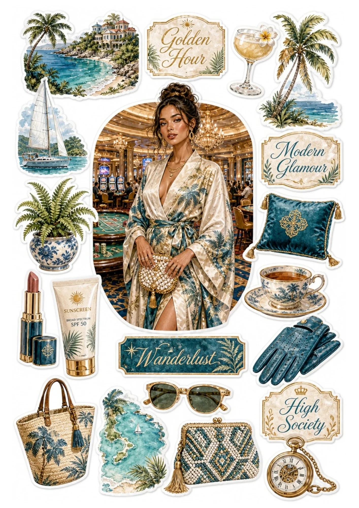 Printable sticker sheet displaying a woman in an emerald palm kimono, surrounded by luxury icons like a pearl purse, sunscreen, tea cup, sailboat view, and driving gloves.