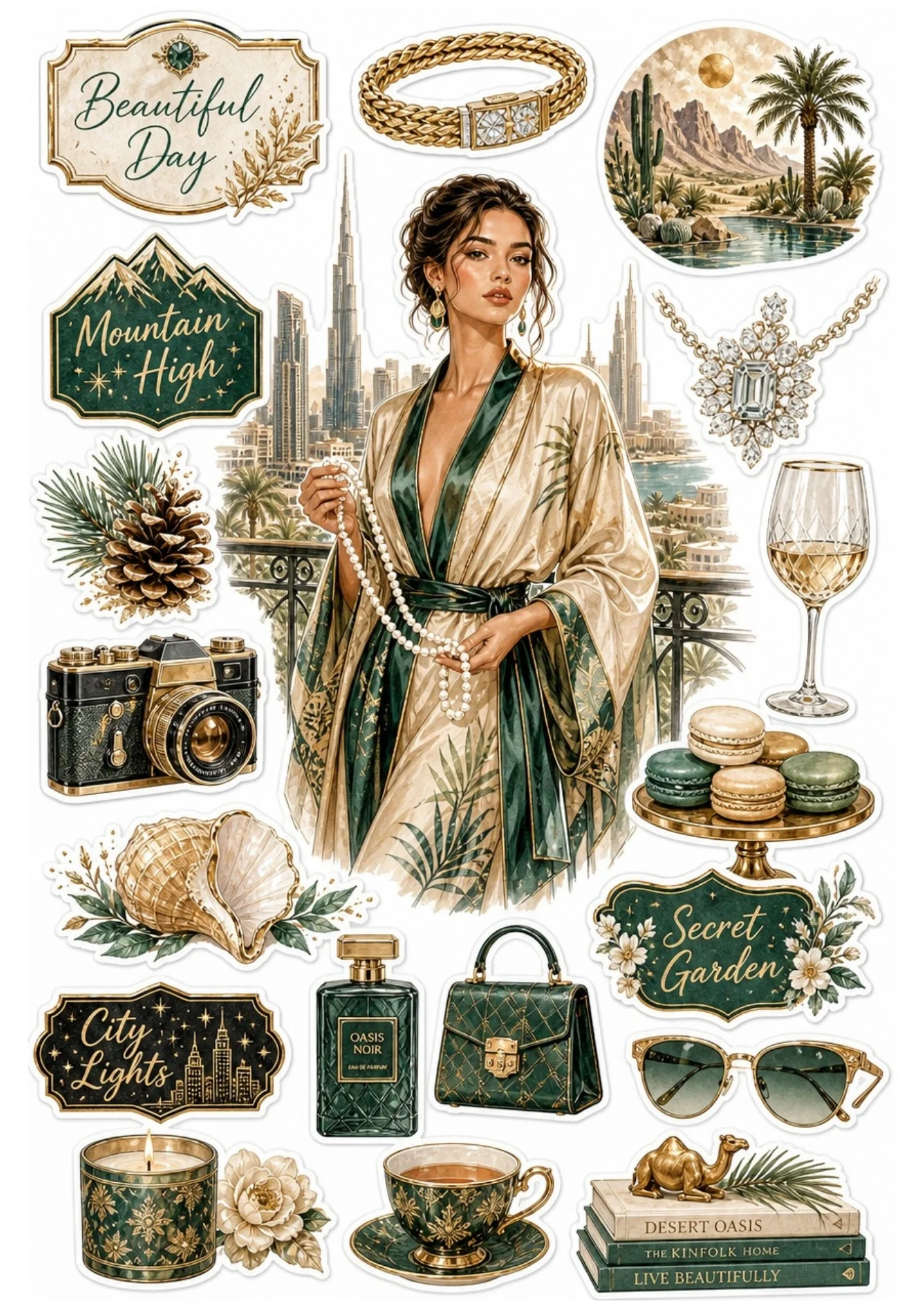 Printable sticker sheet featuring a woman in a gold silk kimono robe on a city balcony with emerald perfume bottle, vintage camera, and green macarons.